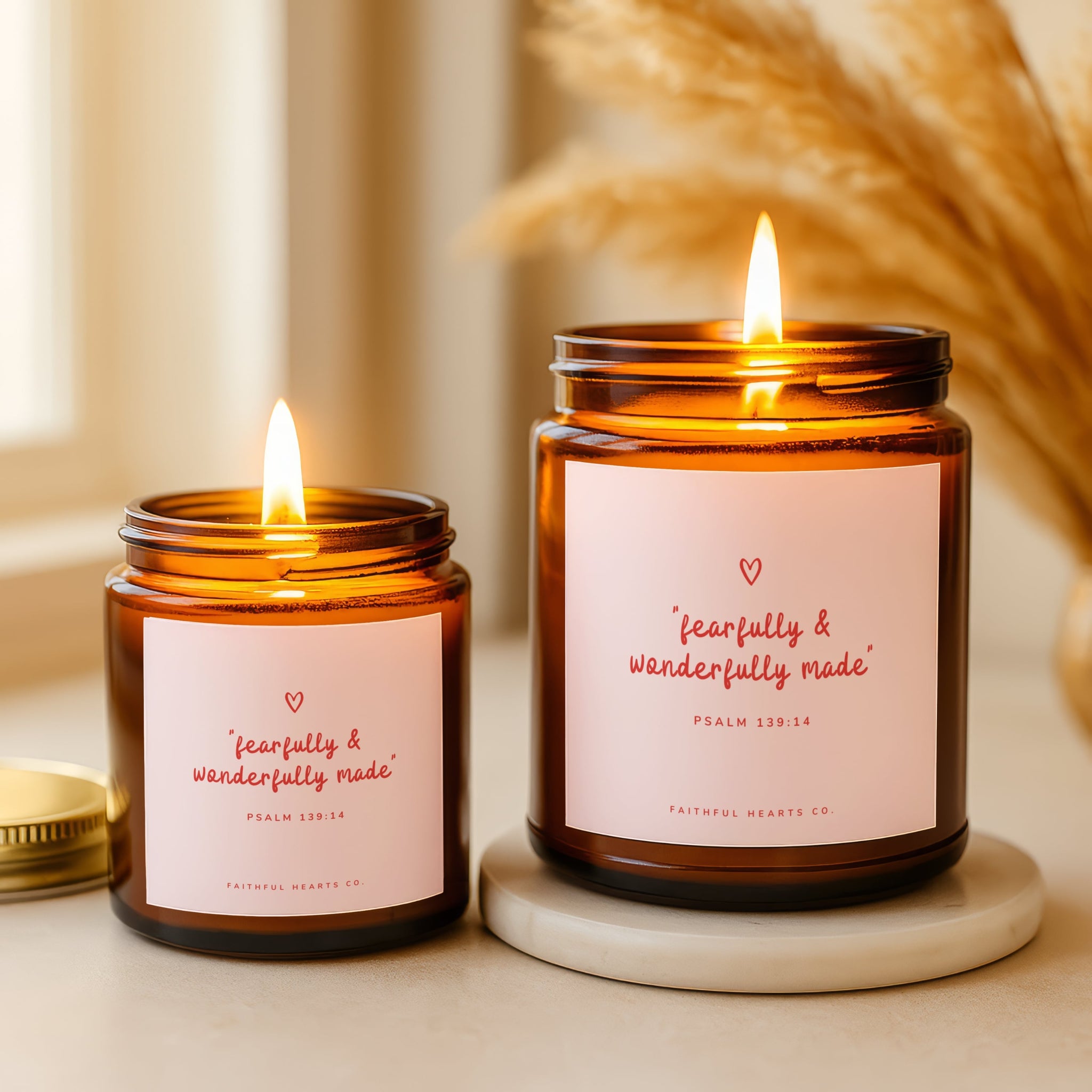 Fearfully and Wonderfully Made faith candle, hand poured coconut wax candle in amber jar