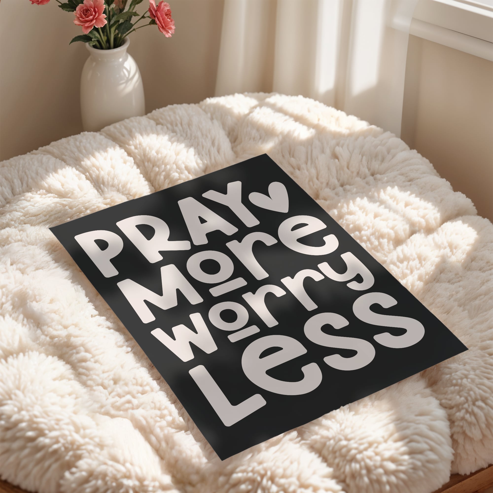 Black and beige faith-based printable wall art with “Pray More Worry Less” quote.