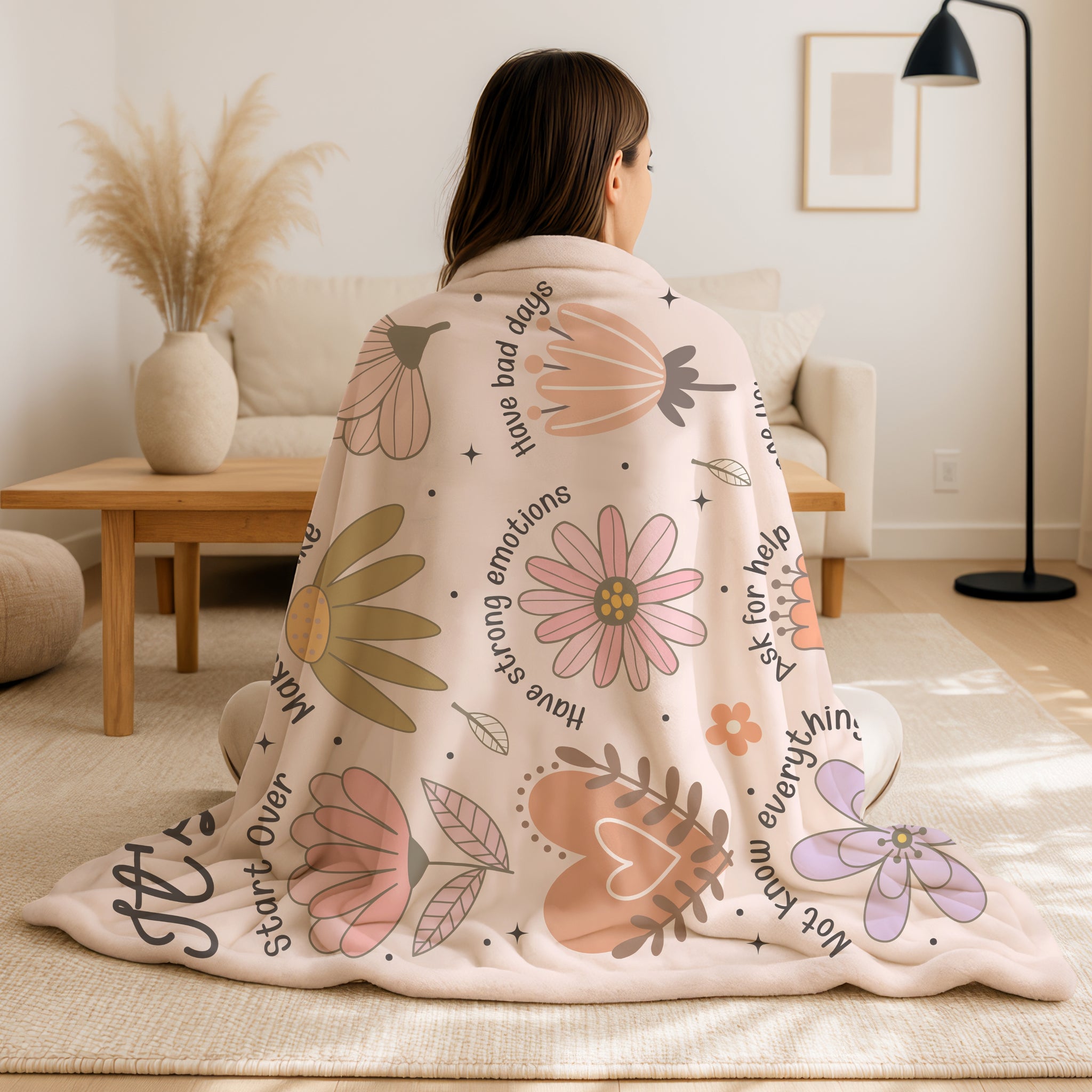 Mental health support blanket with comforting affirmations and floral pattern