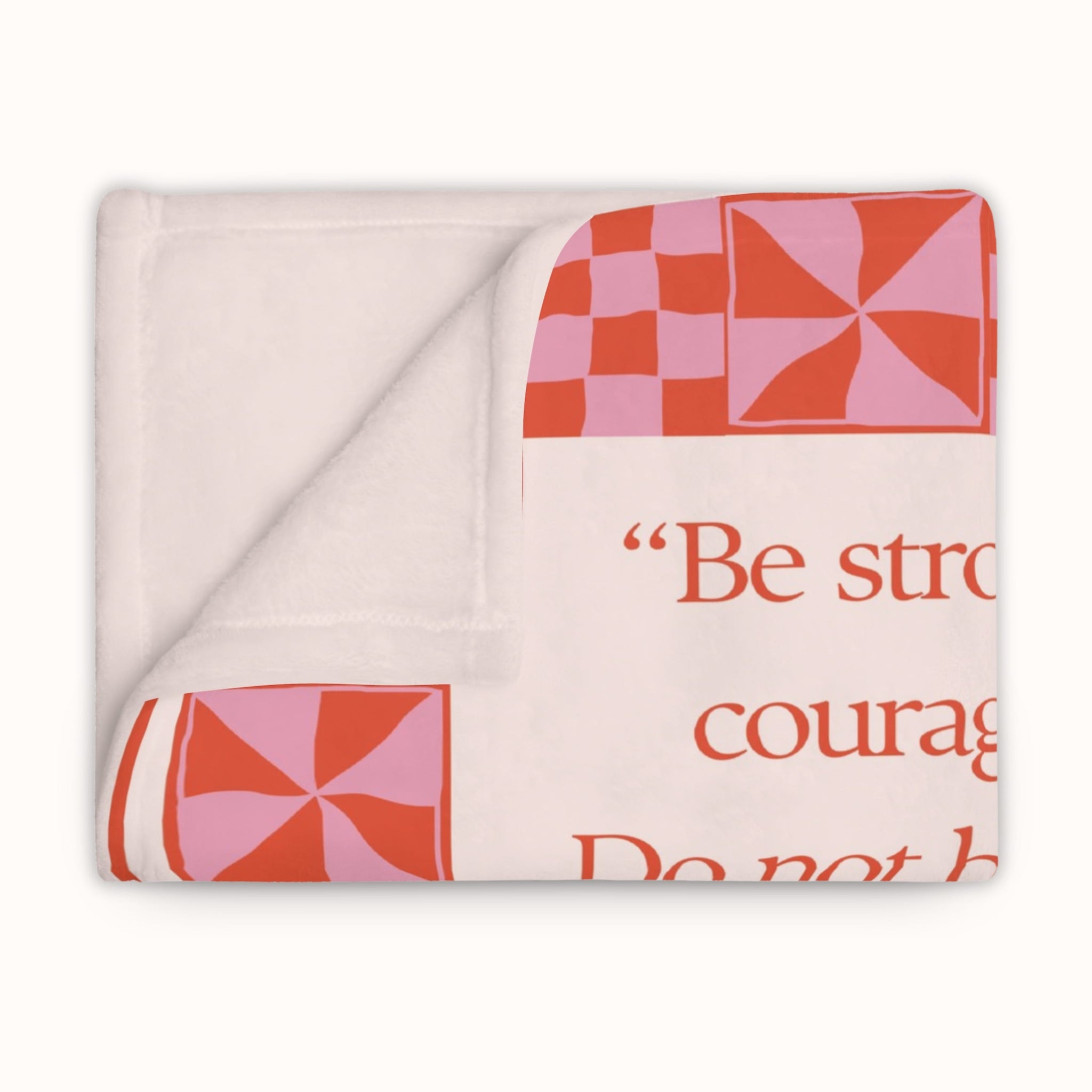 Inspirational Joshua 1:9 blanket with geometric quilt pattern, thoughtful Christian gift for women or teens

Cozy retro quilt Bible verse blanket in coral and pink, unique Christian encouragement gift for birthdays or Christmas