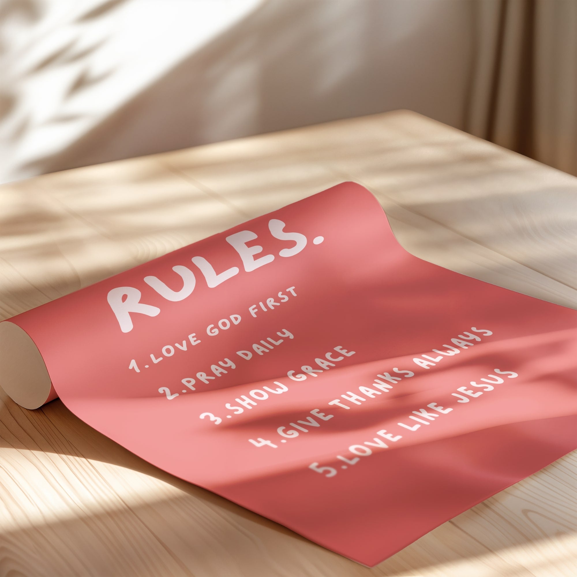 House Rules Christian wall art unframed print with coral pink and soft blush pink handwritten typography.