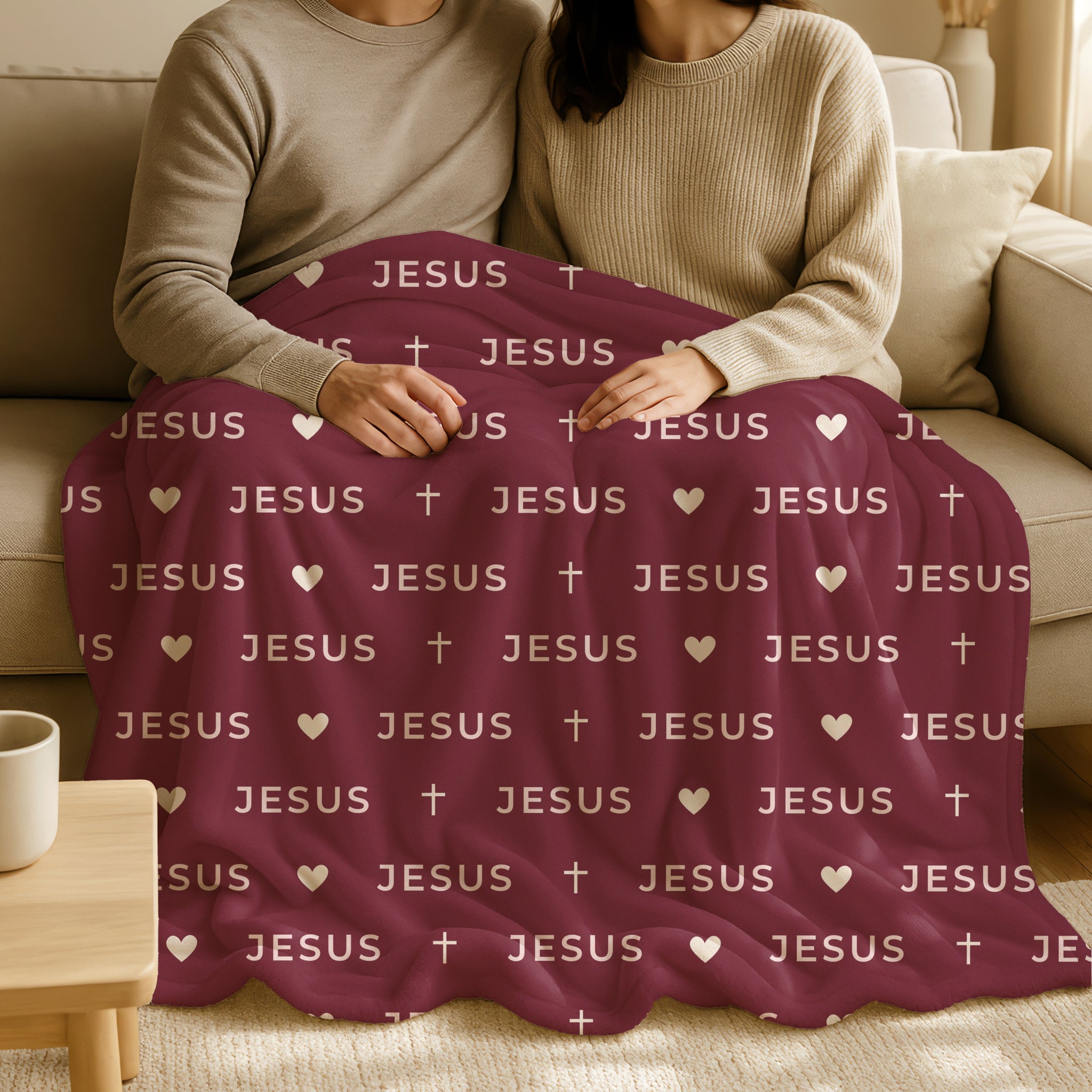 Faith-based burgundy JESUS blanket with light cream typography