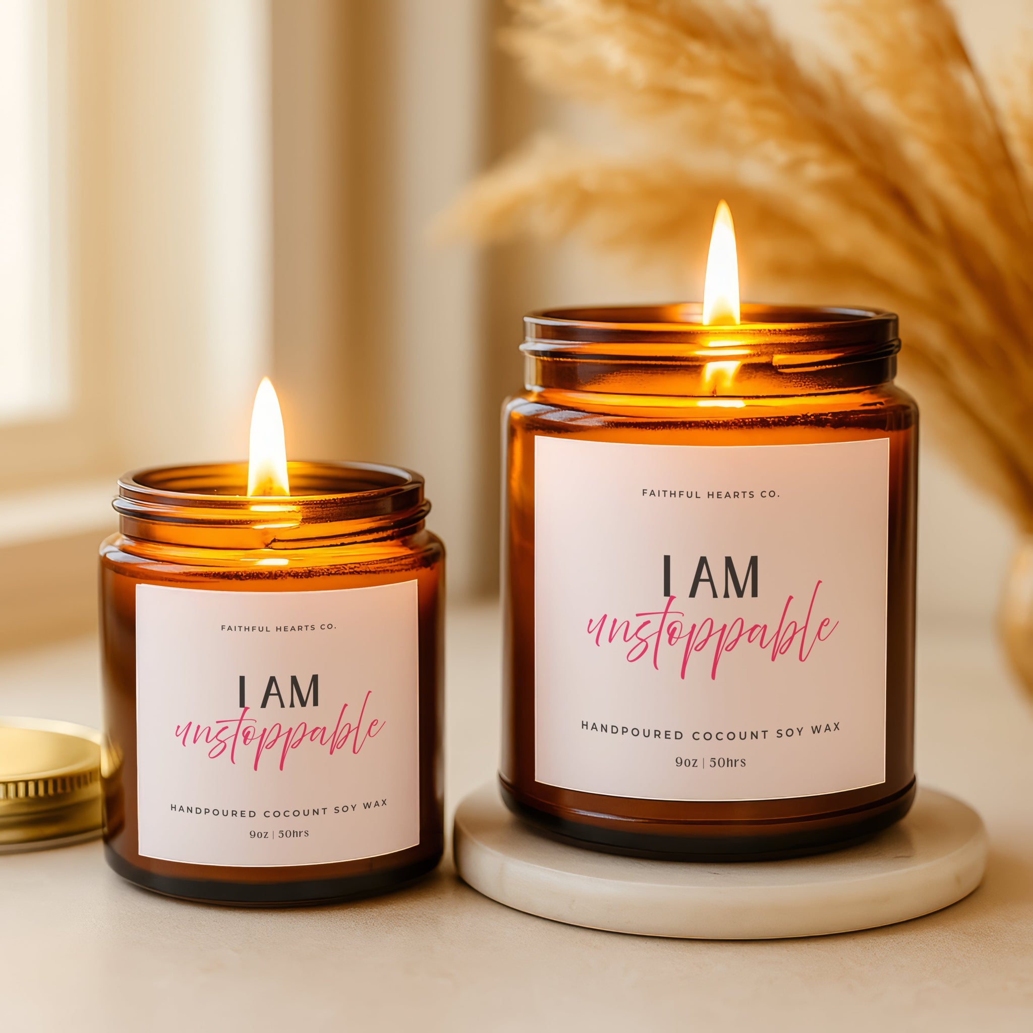 I AM Unstoppable affirmation candle in amber glass jar, uplifting spiritual gift for her with manifest quote and positive mindset message for wellness and faith.