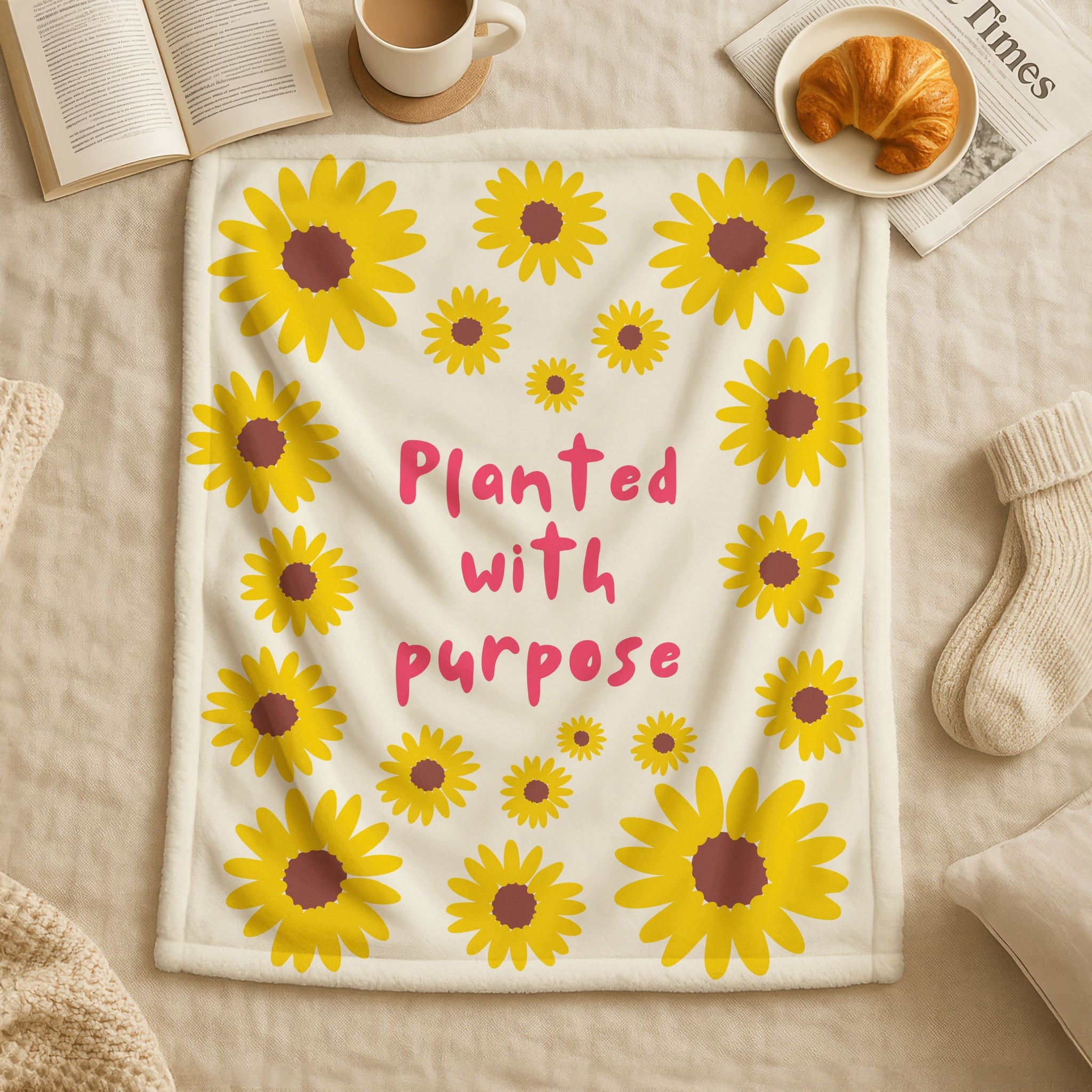 Blanket with sunflower pattern and 'Planted with purpose' text on a cozy setting with coffee, croissant, and book.