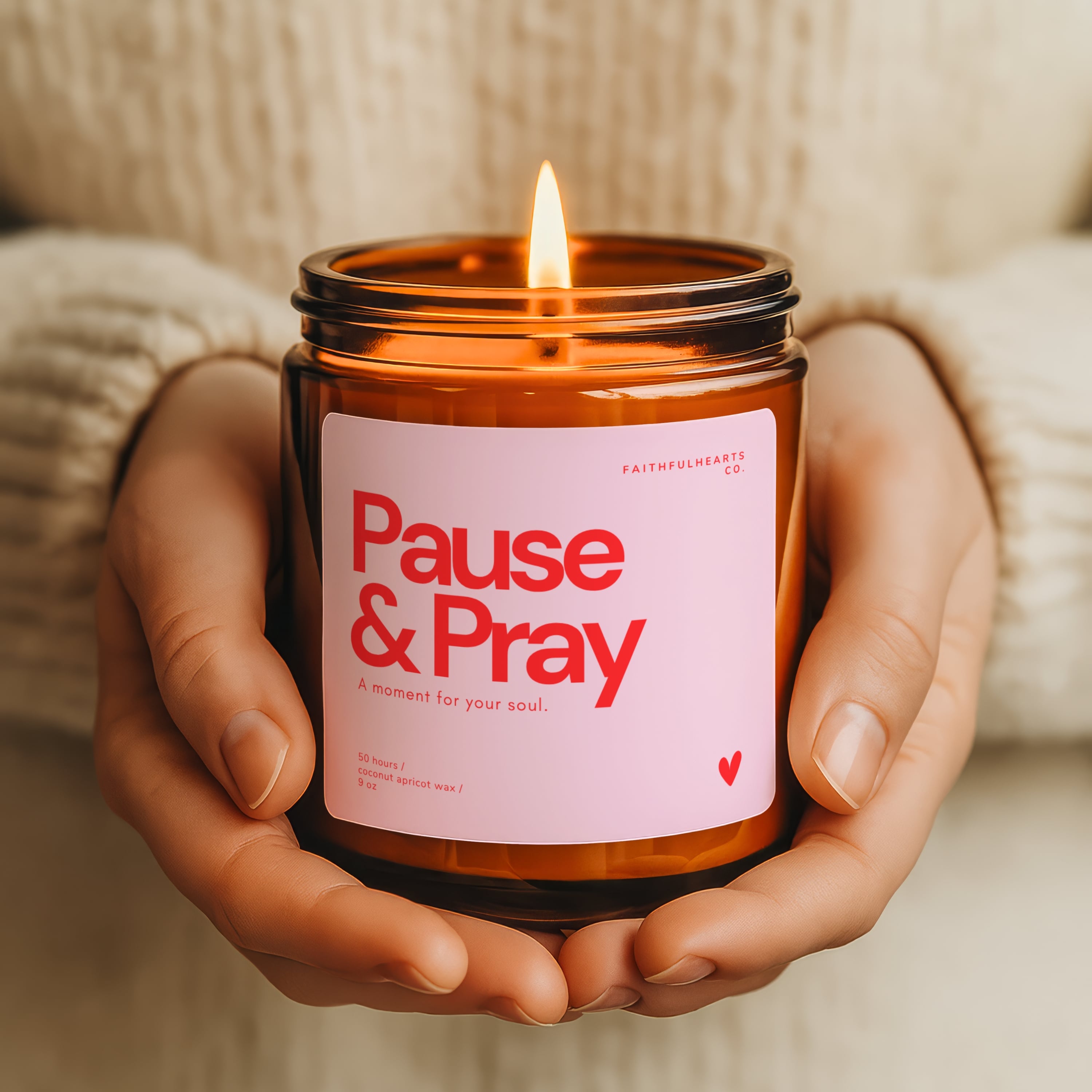 Faithful Hearts Co Pause & Pray soy candle, faith-inspired home decor and relaxation gift.