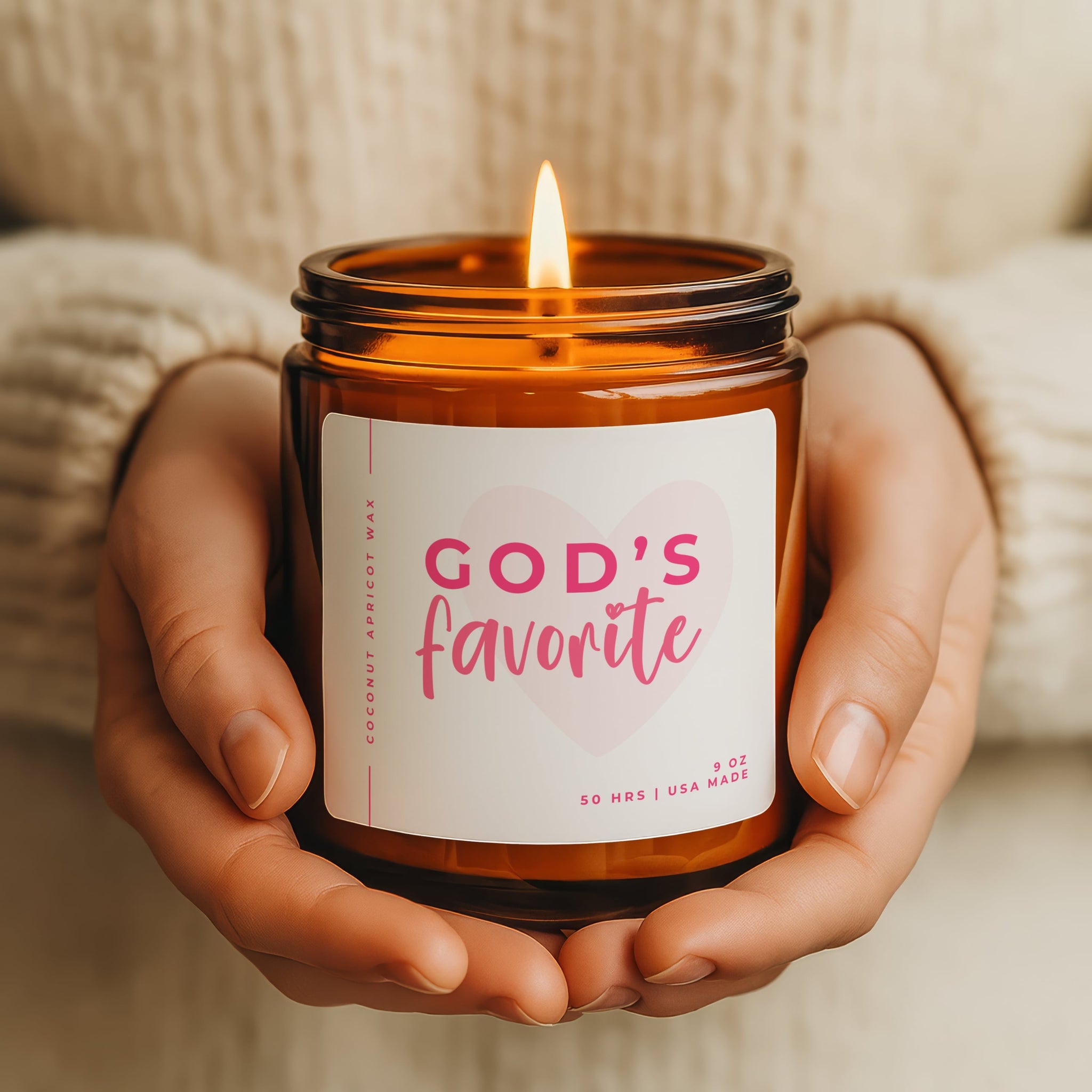 amber jar candle with gods favorite on the front in a fun and girly design