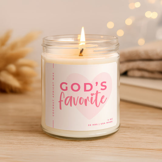 Gods Favorite faith candle in clear glass jar with pink label and heart design, hand poured coconut apricot wax candle made in USA