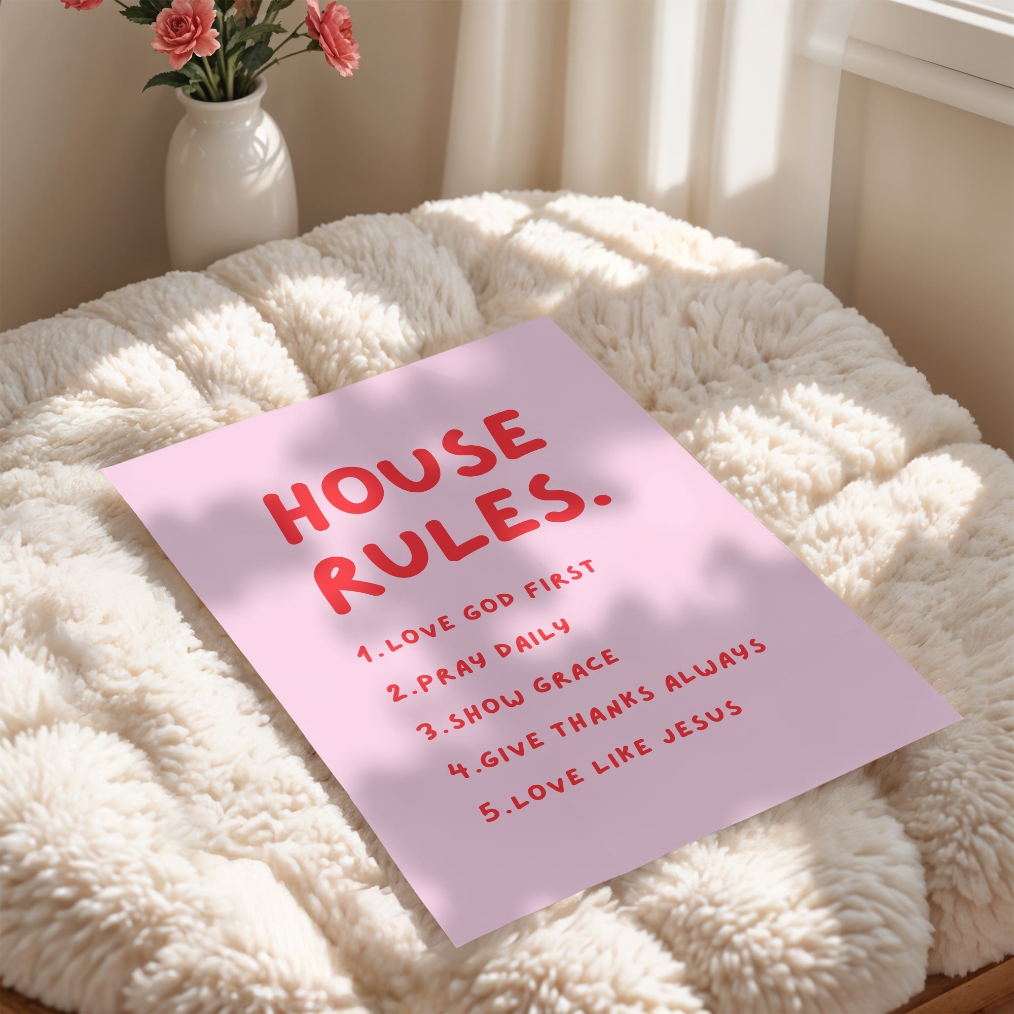Faith based family House Rules wall art print in pink and red