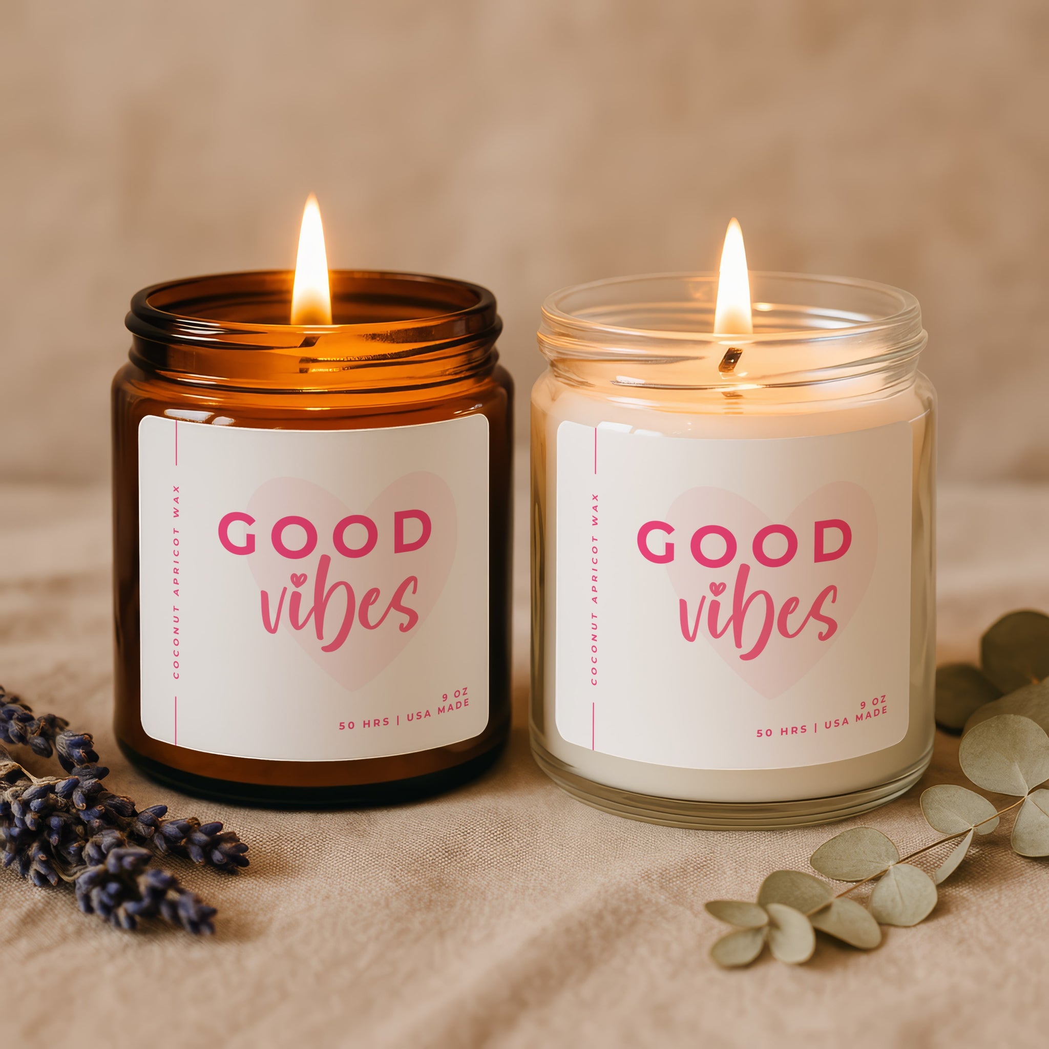 Faithful Hearts Good Vibes candle in jar, perfect positivity and wellness gift for her with playful, feminine design.
