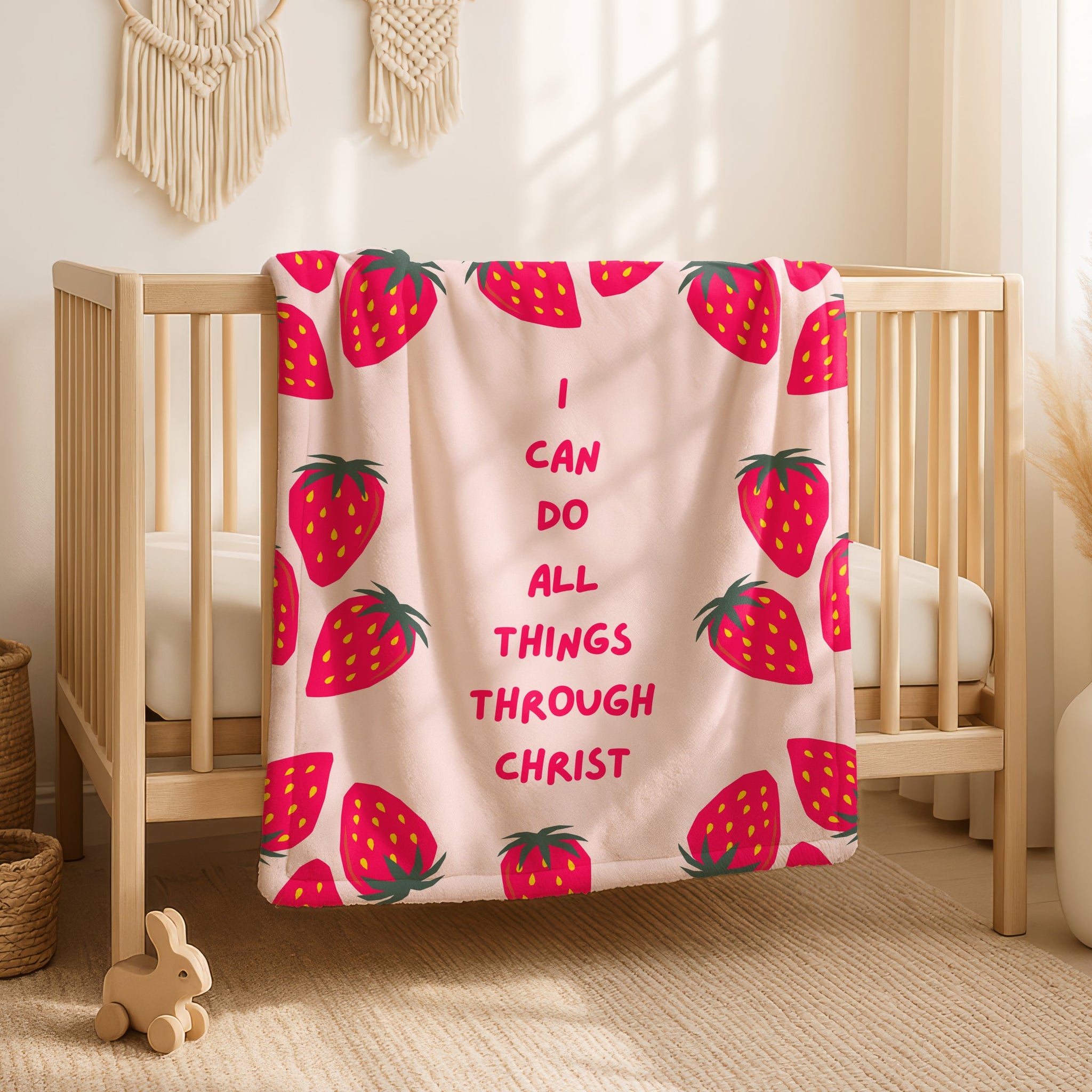 Cute strawberry and scripture blanket with I Can Do All Things Through Christ design