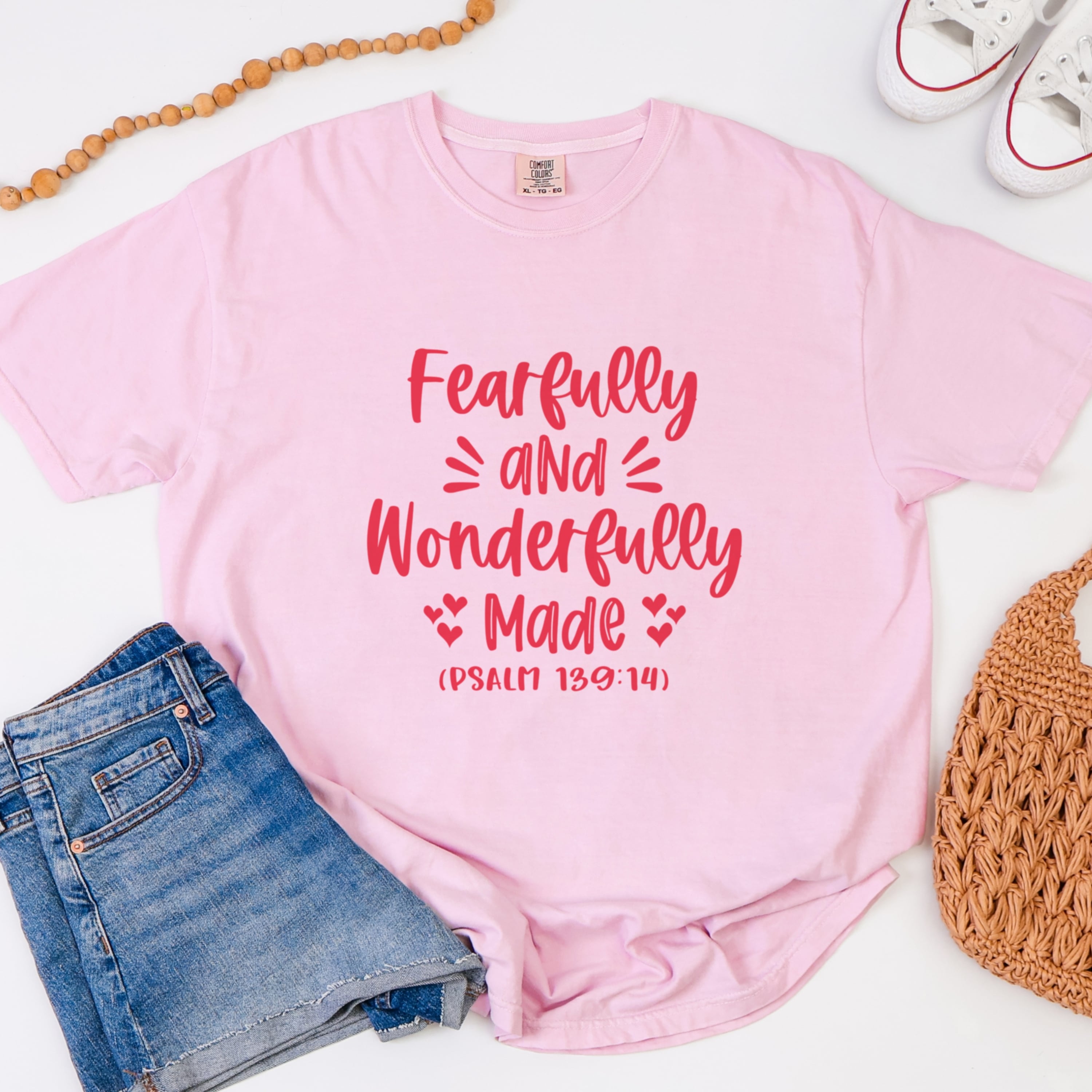 Oversized fit Psalm 139:14 tshirt in blossom pink, inspirational faith-based shirt for women