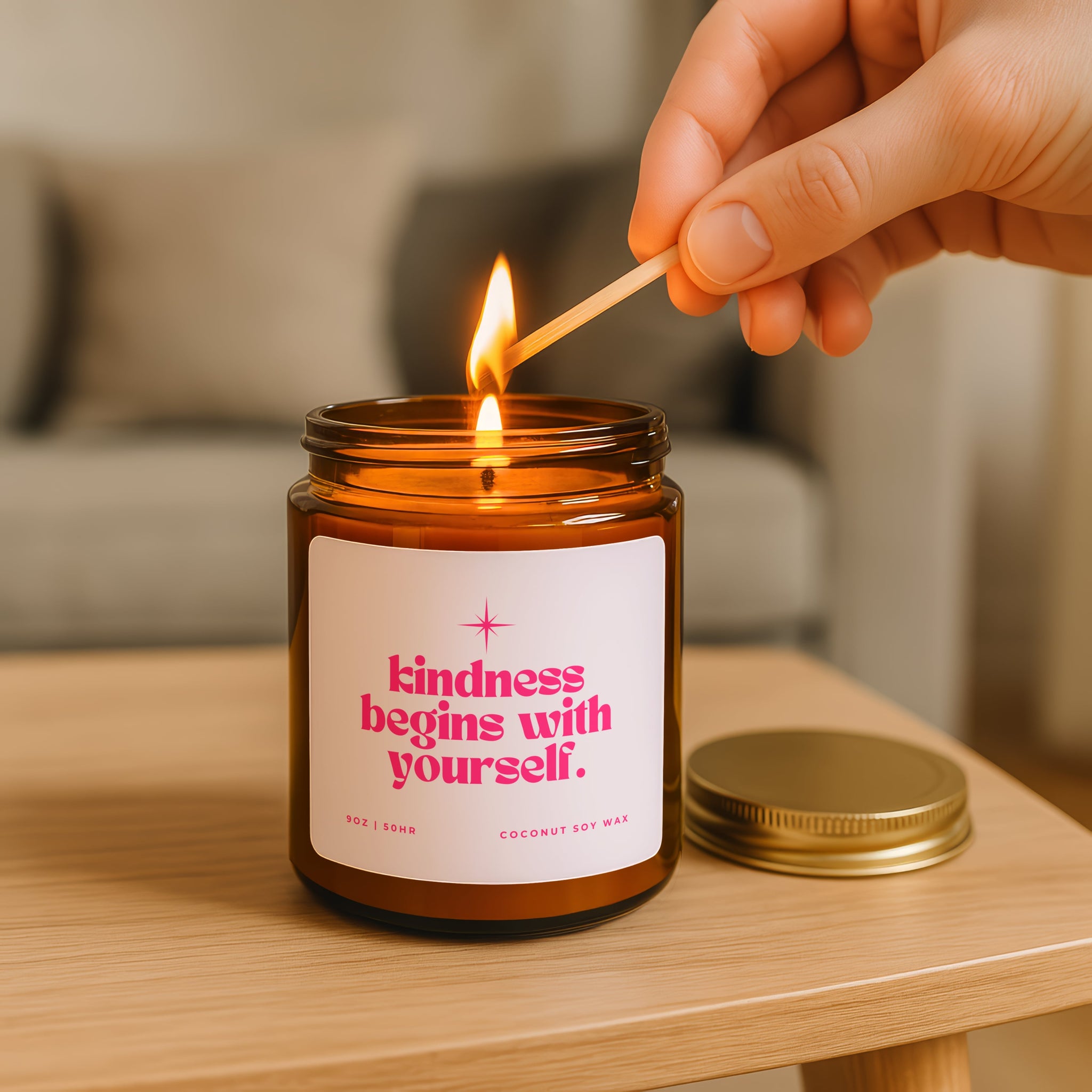 Faithful Hearts amber glass kindness candle, perfect inspirational gift for women promoting confidence, compassion, and inner peace.