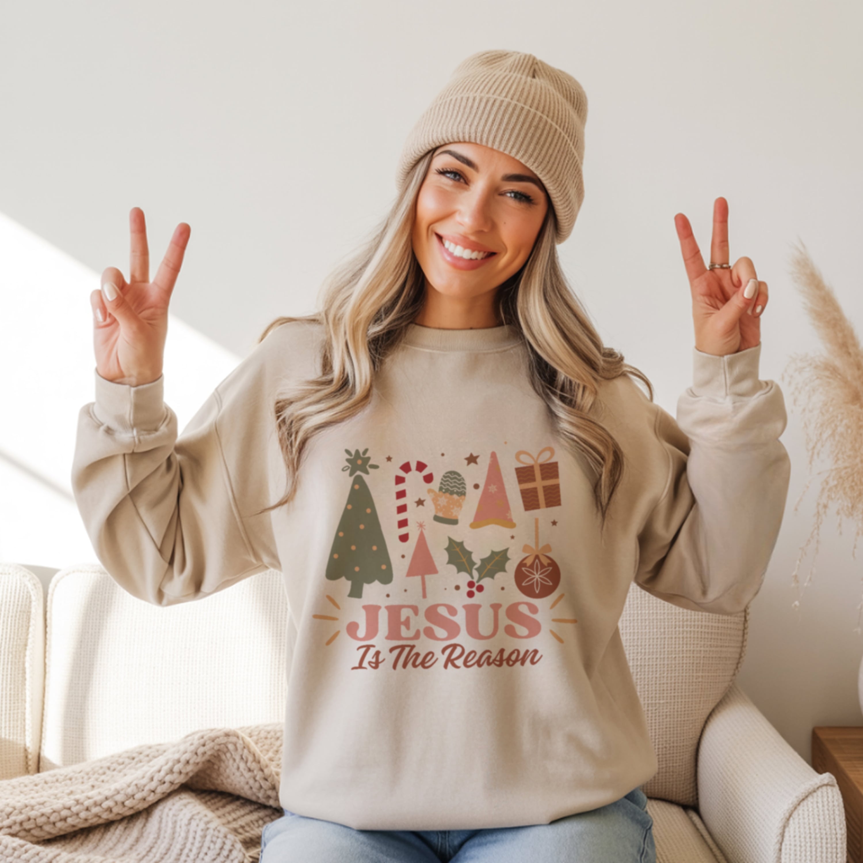 Jesus Is The Reason sand Christmas crewneck cute christian girl sweater