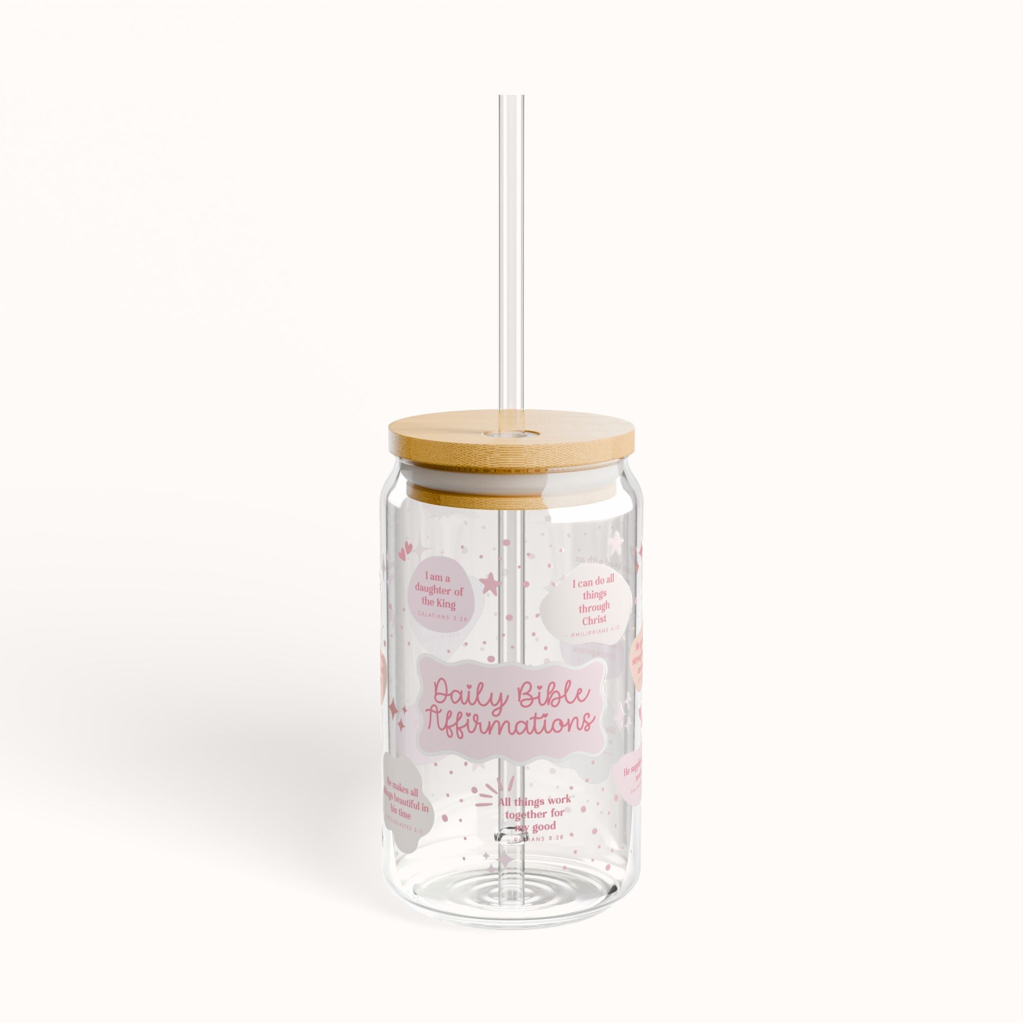 Clear tumbler with wooden lid and straw featuring 'Daily Bible Affirmations' text on a white background