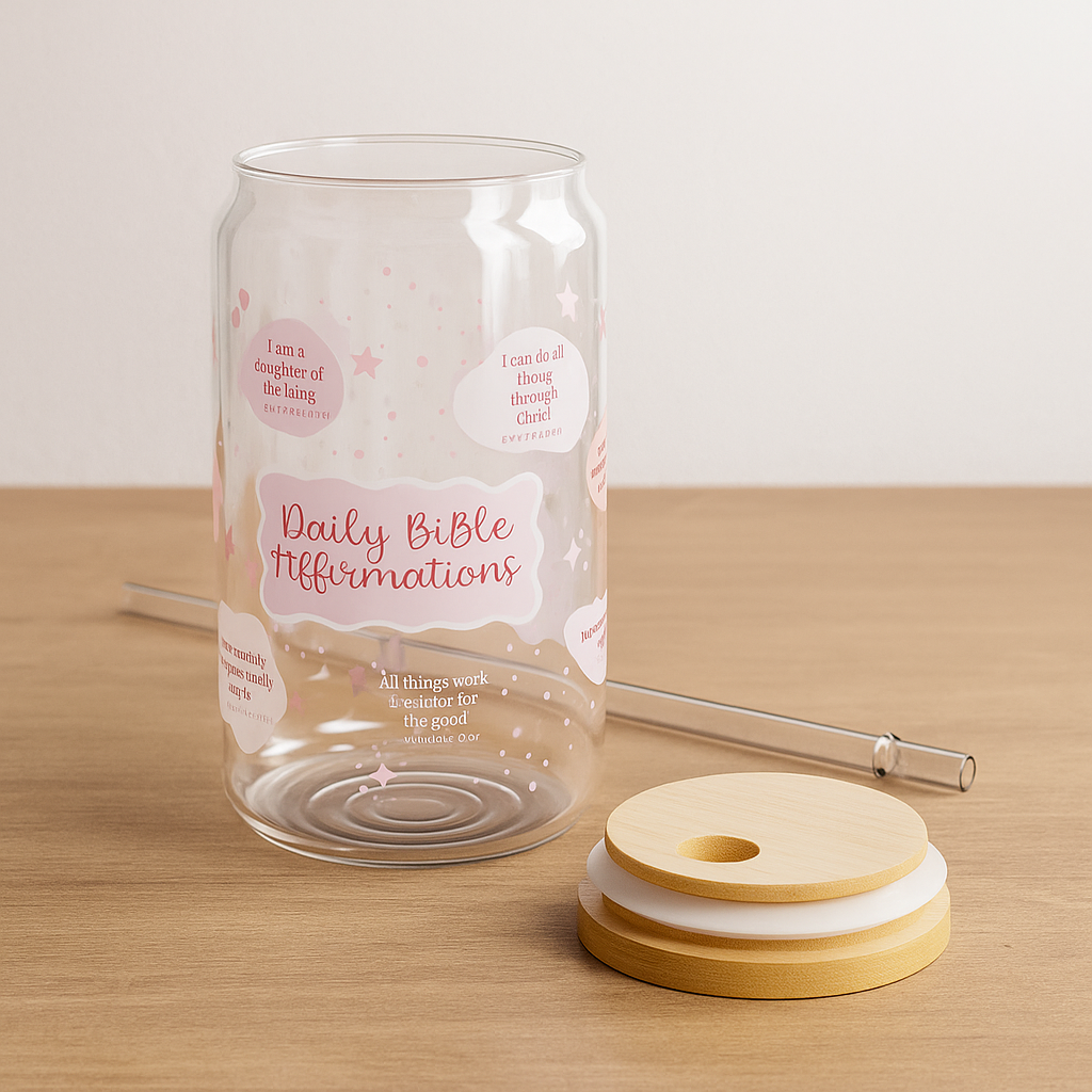 Clear glass tumbler with pink text with cute bible affirmations and straw on a wooden surface