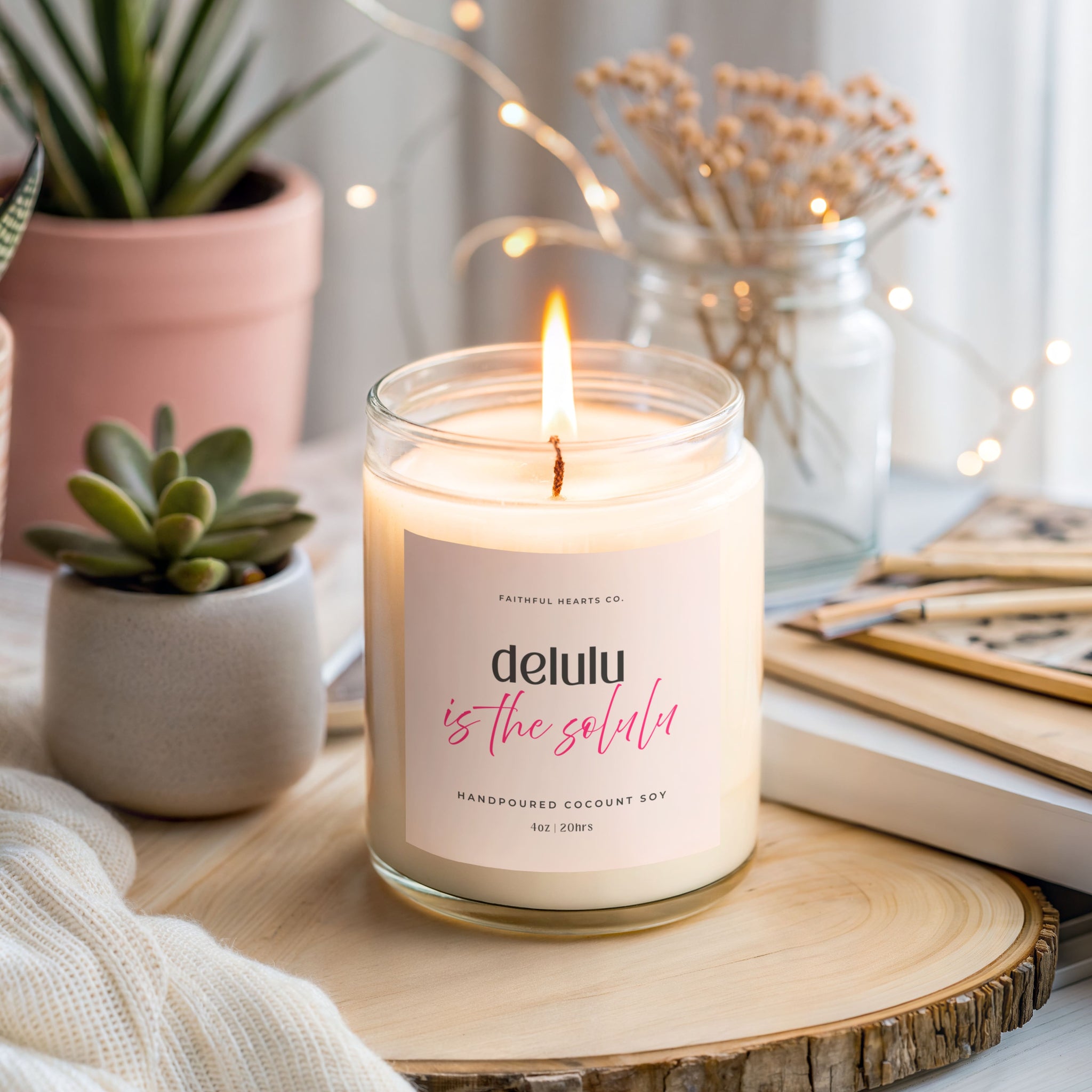 Clear glass manifestation candle with phrase “Delulu is the Solulu,” playful law of attraction decor and self belief candle for soft life women.