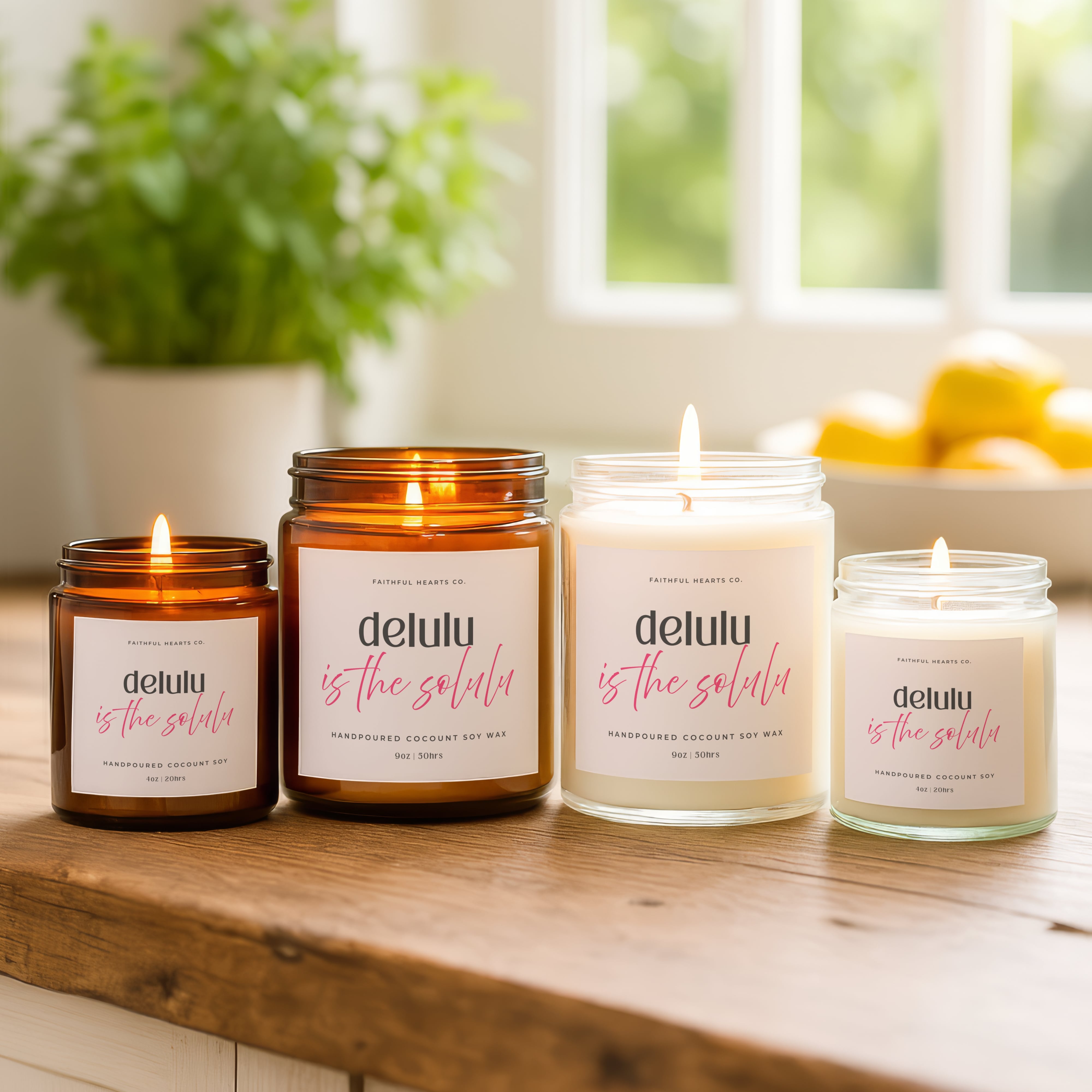 Delulu is the Solulu candles in clear and amber jars by Faithful Hearts, fun manifestation gift set for her, trendy soft life aesthetic decor.