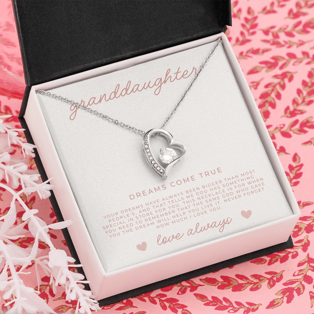 white gold heart necklace gift set for granddaughters, comes boxed with a faith filled message card inside