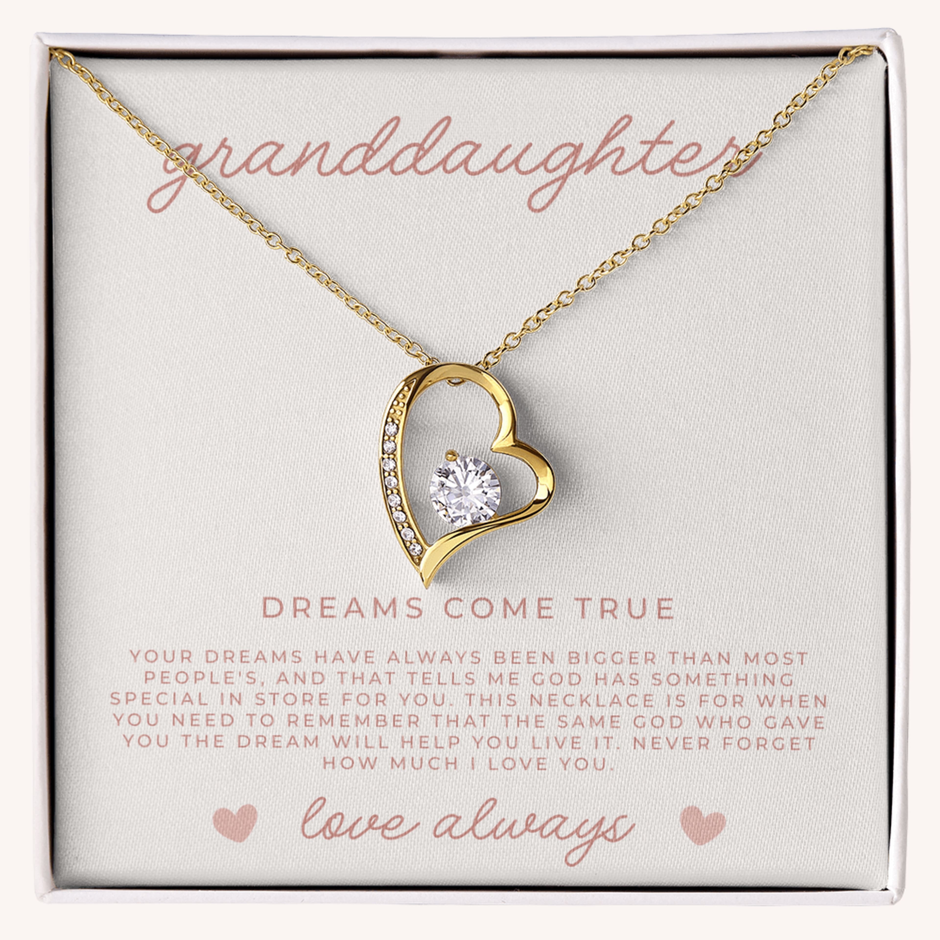 Gold heart-shaped necklace with a diamond in a gift box with message card to my granddaughter