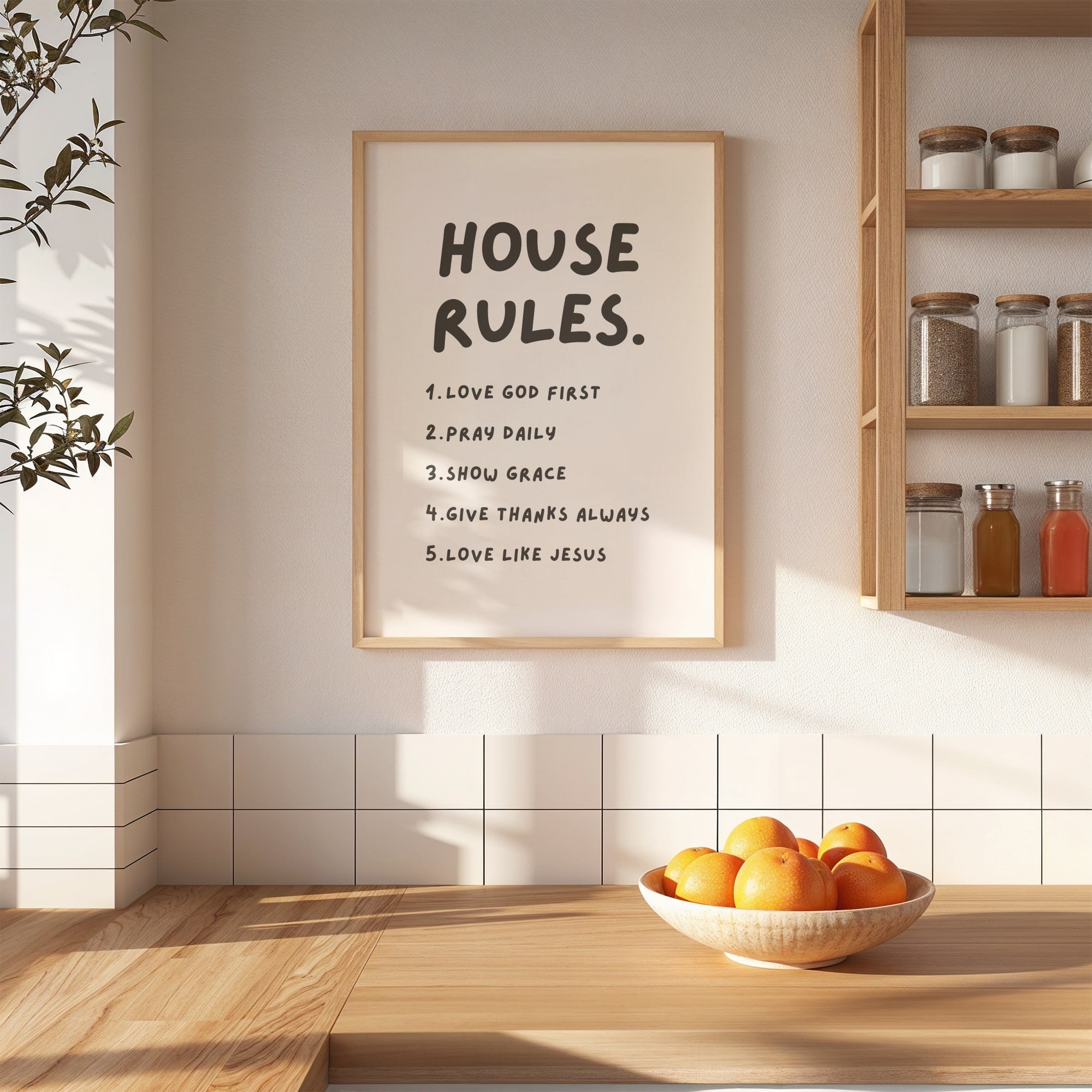 Modern Christian family wall art print featuring house rules with faith values, elegant décor for any room.