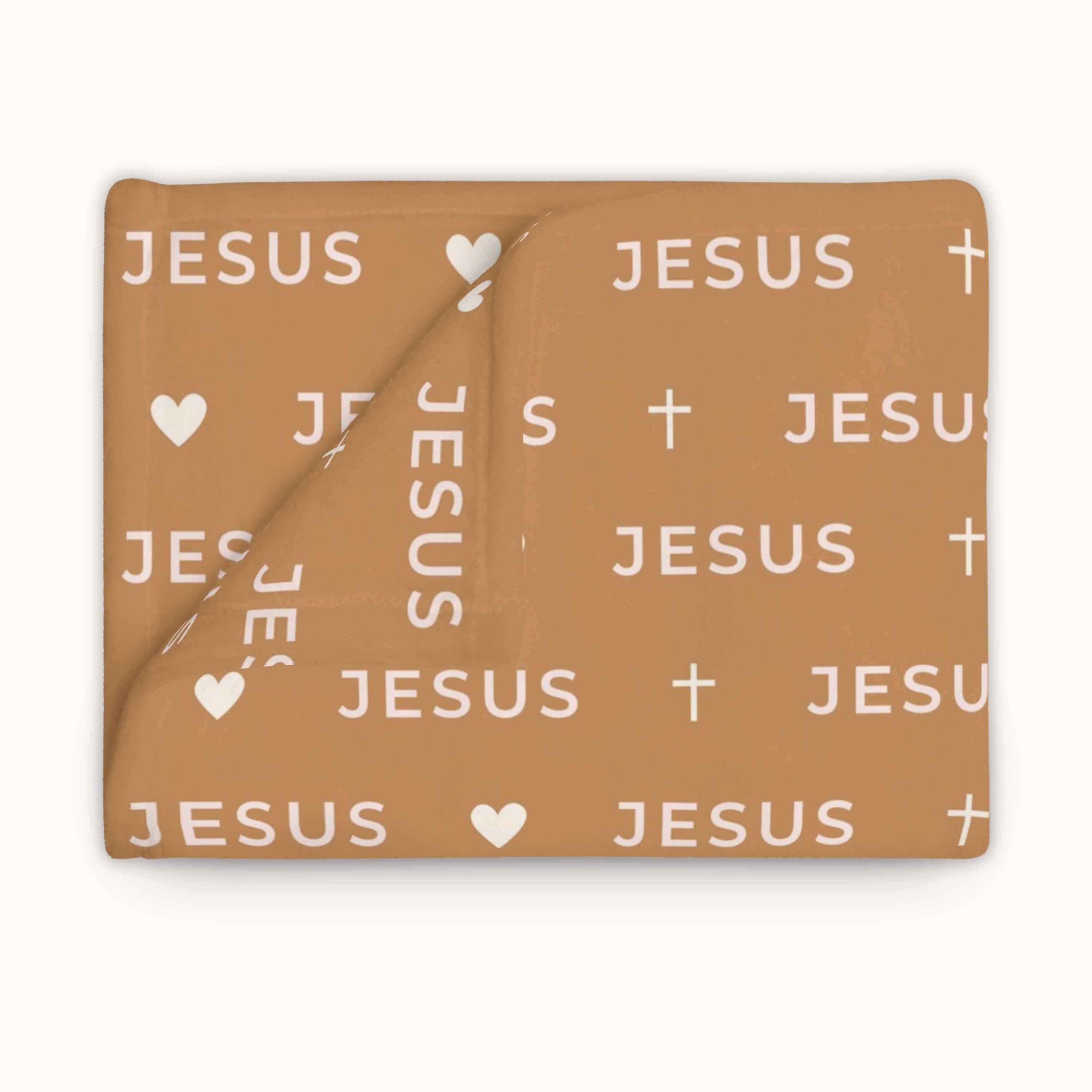 Christian gift blanket in modern style with JESUS print on caramel background