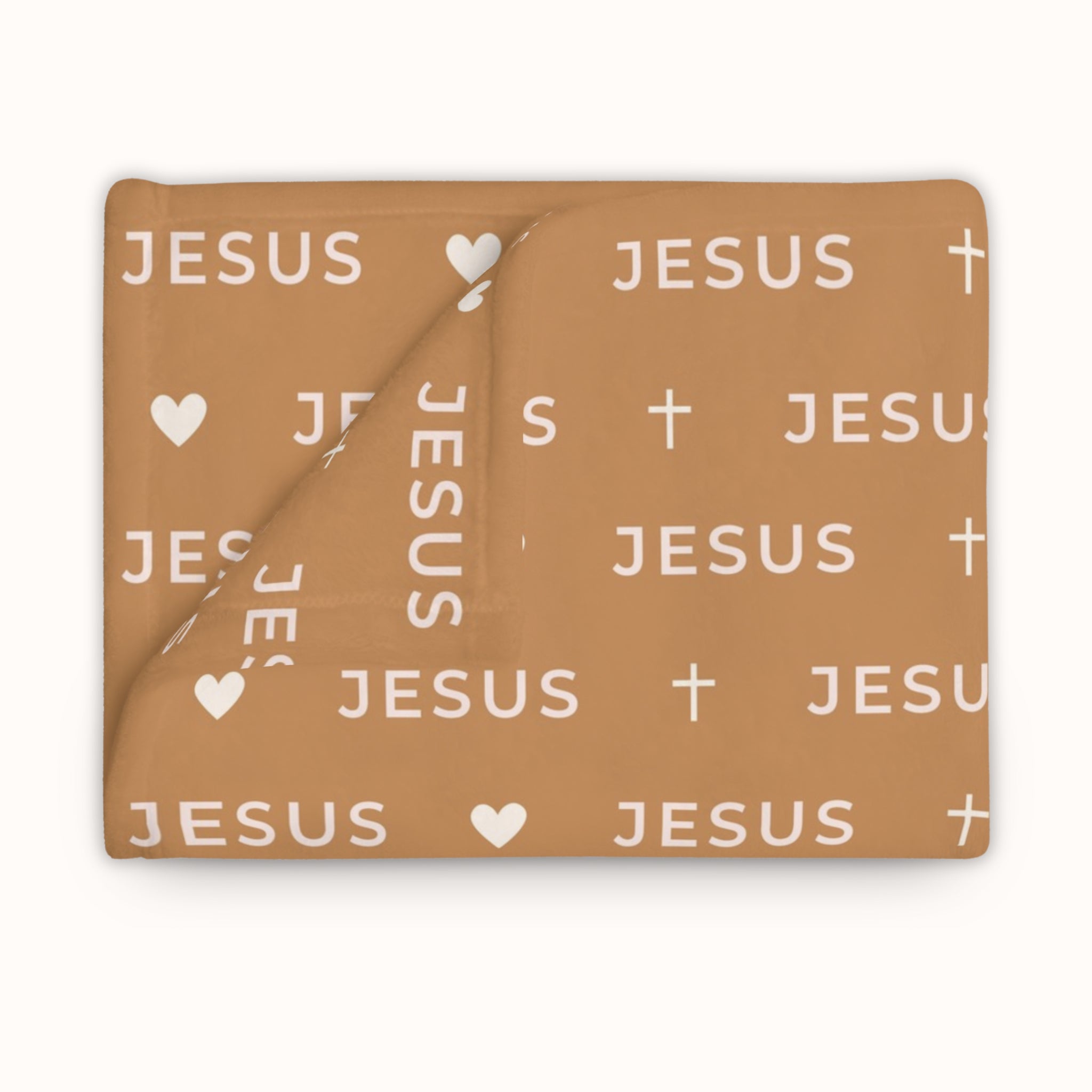 Christian gift blanket in modern style with JESUS print on caramel background