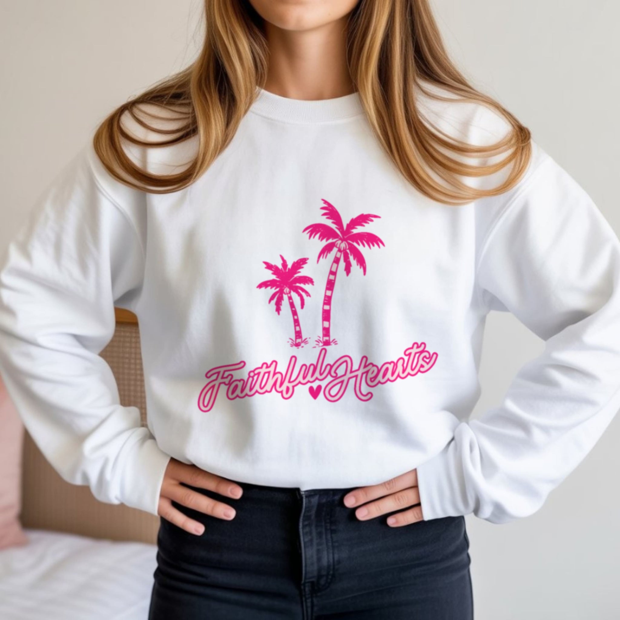 Faithful Hearts crewneck sweatshirt in white with hot pink palm trees, women's Christian beach aesthetic apparel