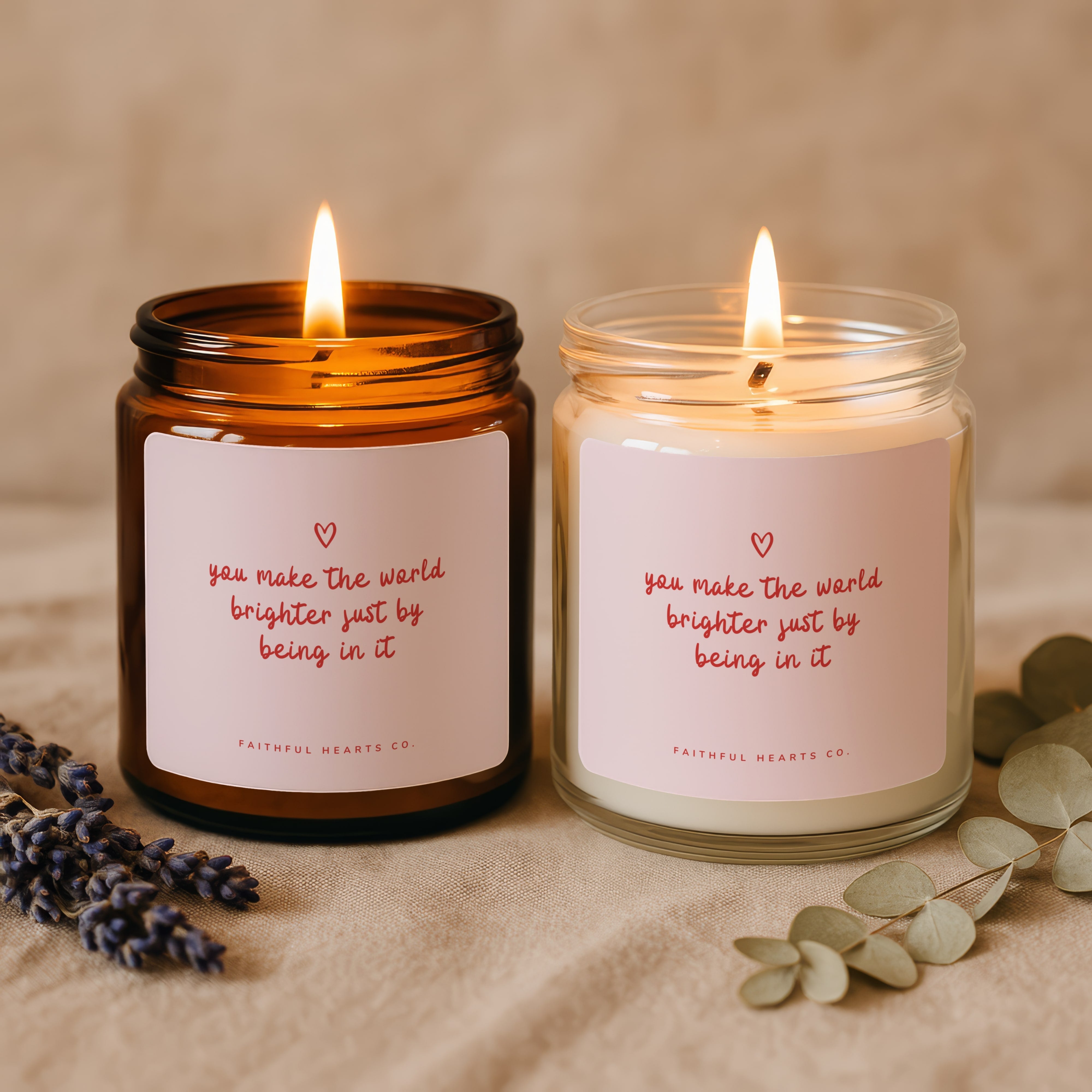 Set of two Faithful Hearts affirmation candles reading “You Make the World Brighter Just by Being in It,” perfect spiritual and friendship gift for her.