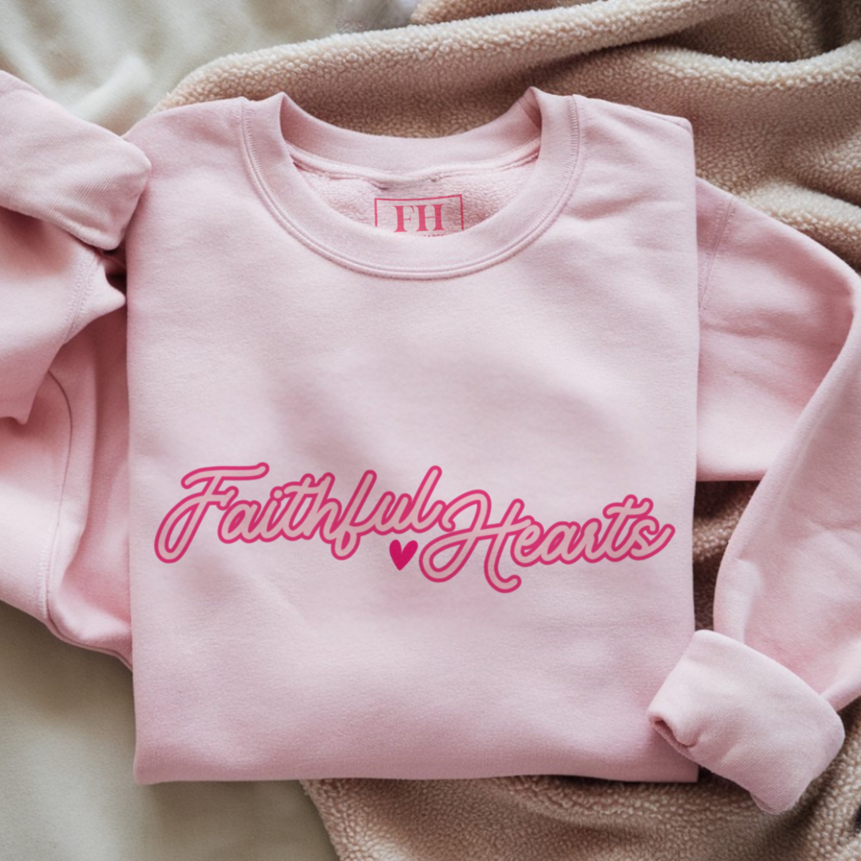 Faithful Hearts script logo crewneck sweatshirt in pink with hot pink lettering, women's Christian brand apparel