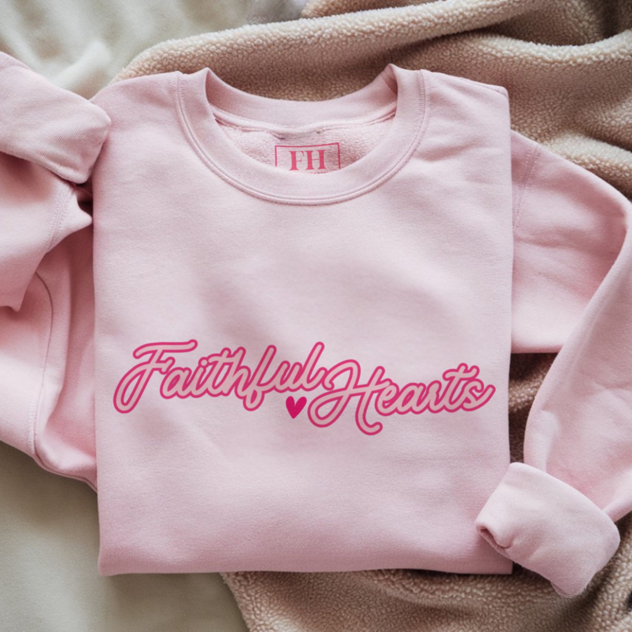 Faithful Hearts script logo crewneck sweatshirt in pink with hot pink lettering, women's Christian brand apparel