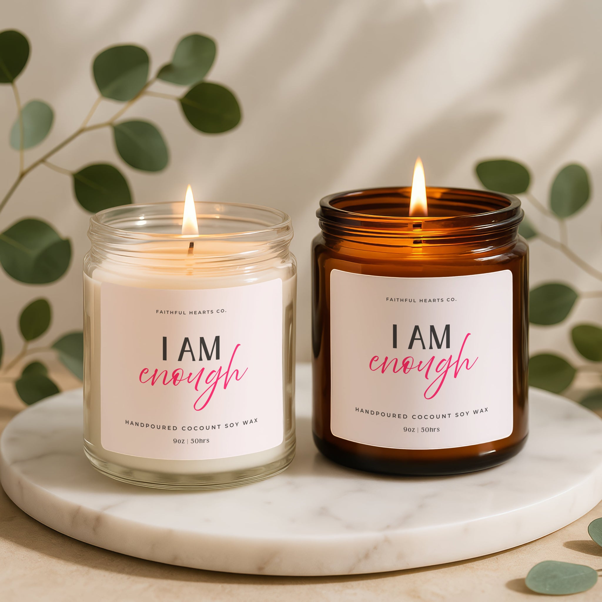 Faithful Hearts I Am Enough candle collection, clear and amber jar positivity candles handmade with coconut apricot wax for women of faith and mindfulness.