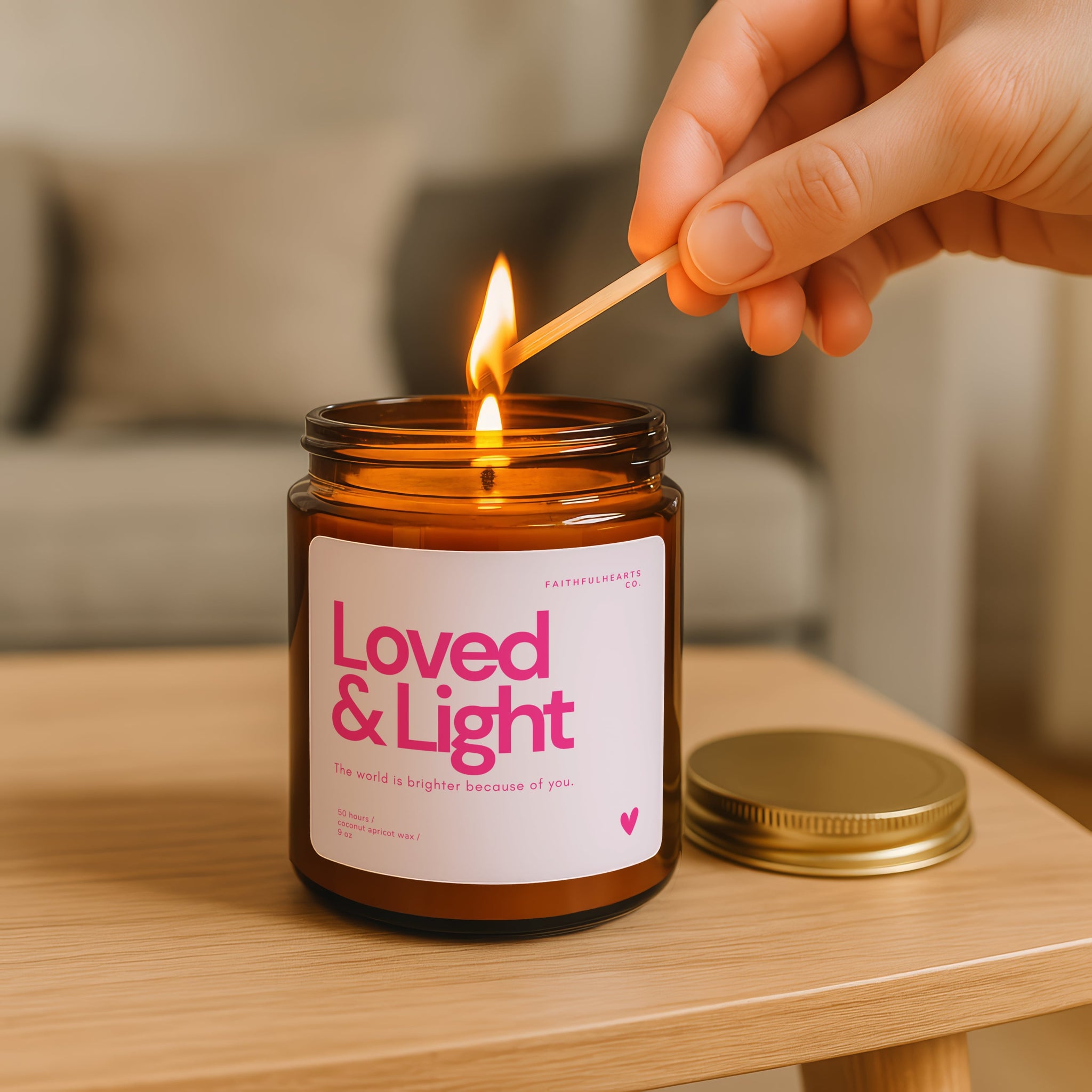 Faithful Hearts amber candle Loved & Light, spiritual and heartwarming candle gift for women, perfect encouragement or thank-you candle.