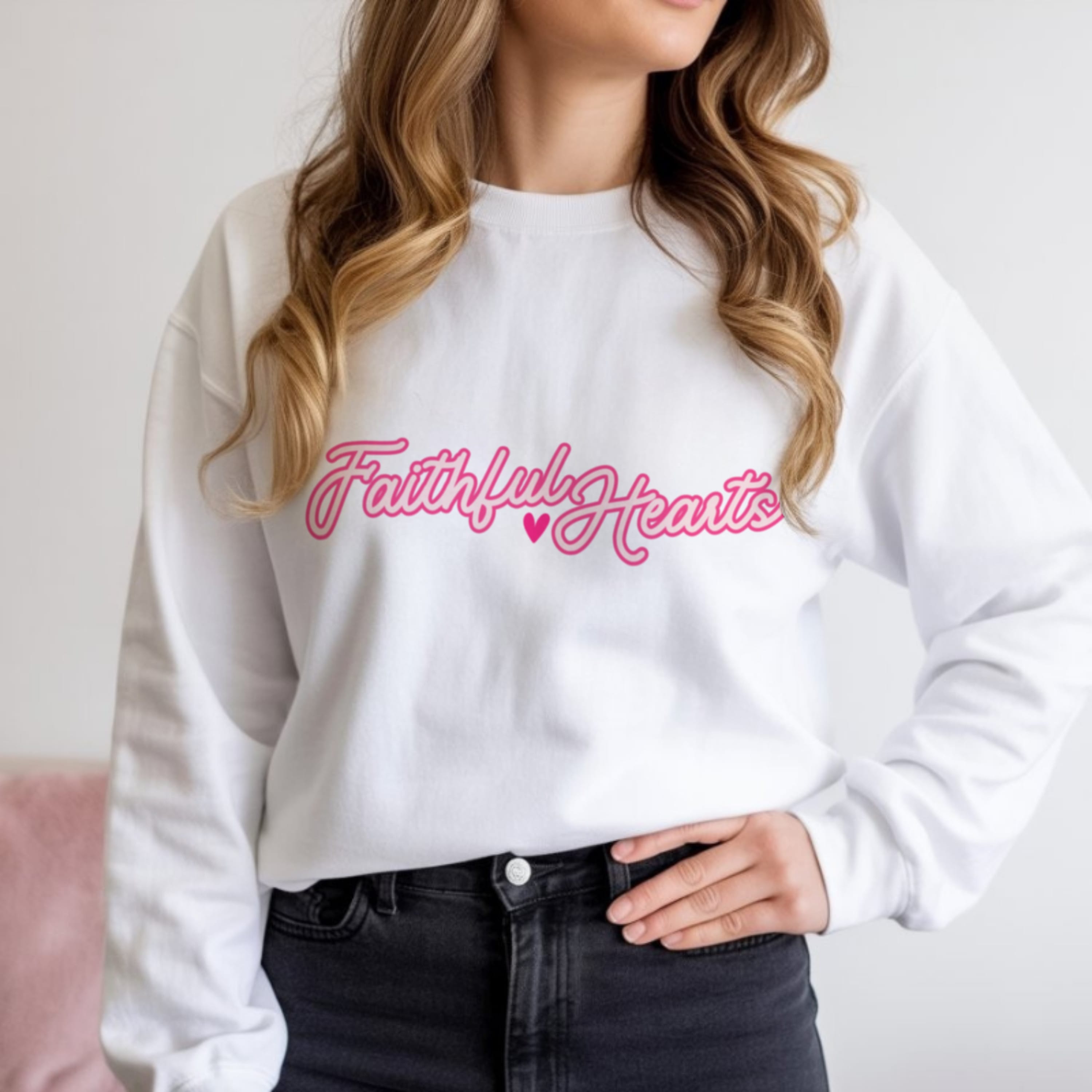 Faithful Hearts retro script logo in hot pink with heart detail, Y2K aesthetic Christian brand sweatshirt