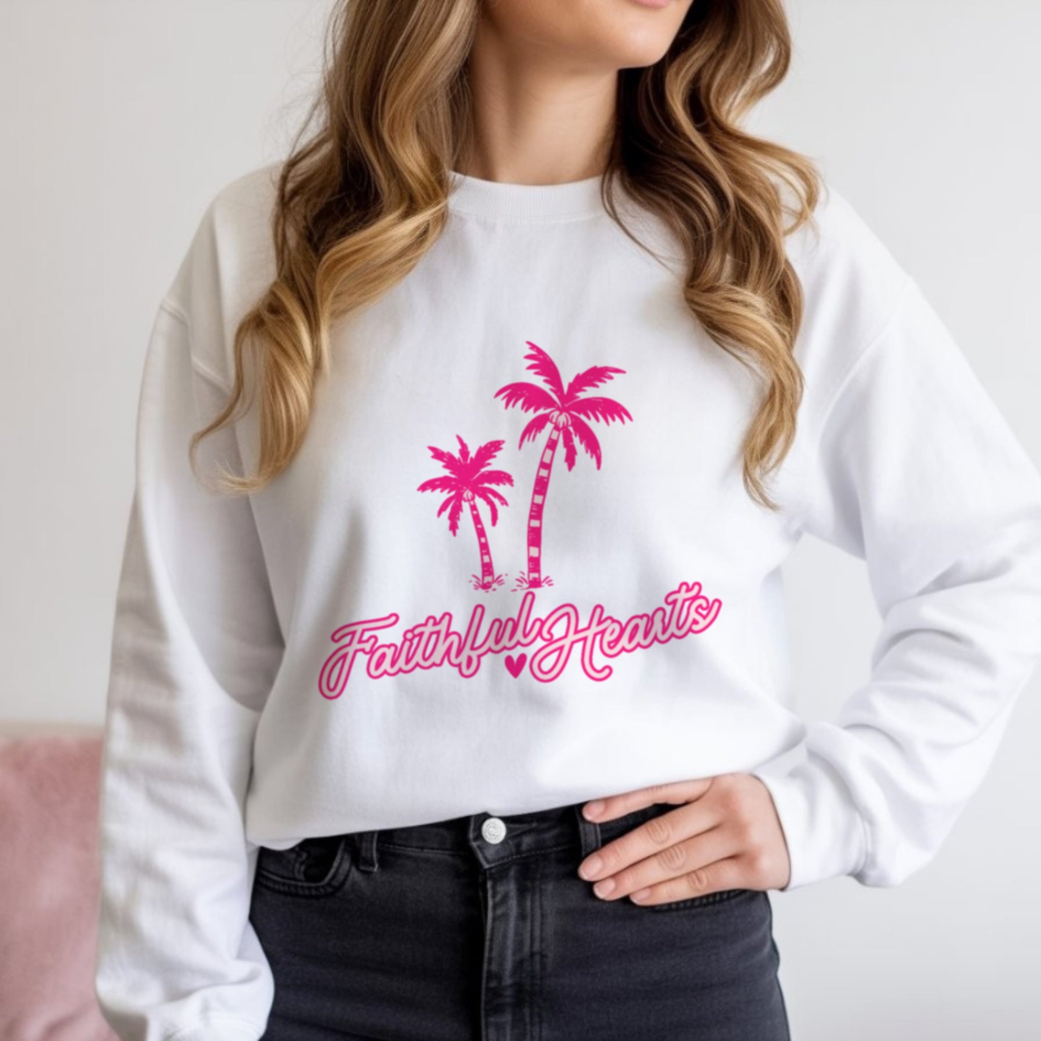 Faithful Hearts sweatshirt in white with hot pink palm trees and script logo, aesthetic Christian faith crewneck for women