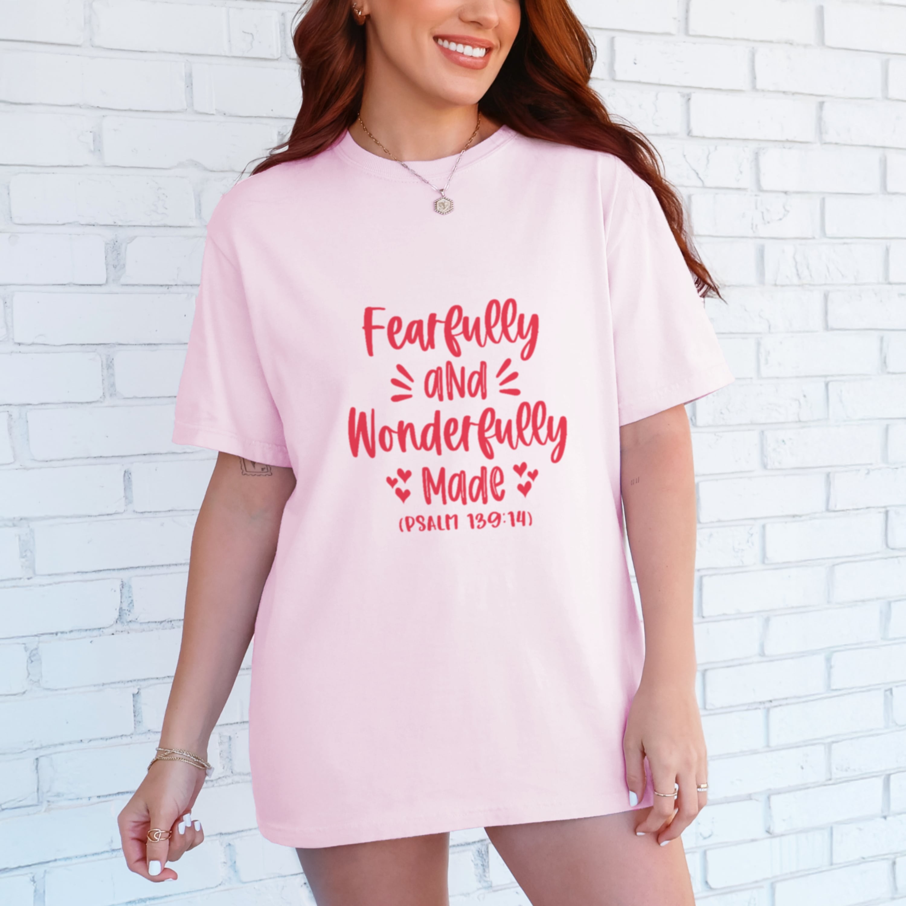 Fearfully and Wonderfully Made scripture shirt in soft blossom pink with hot pink lettering, Christian faith tshirt for women