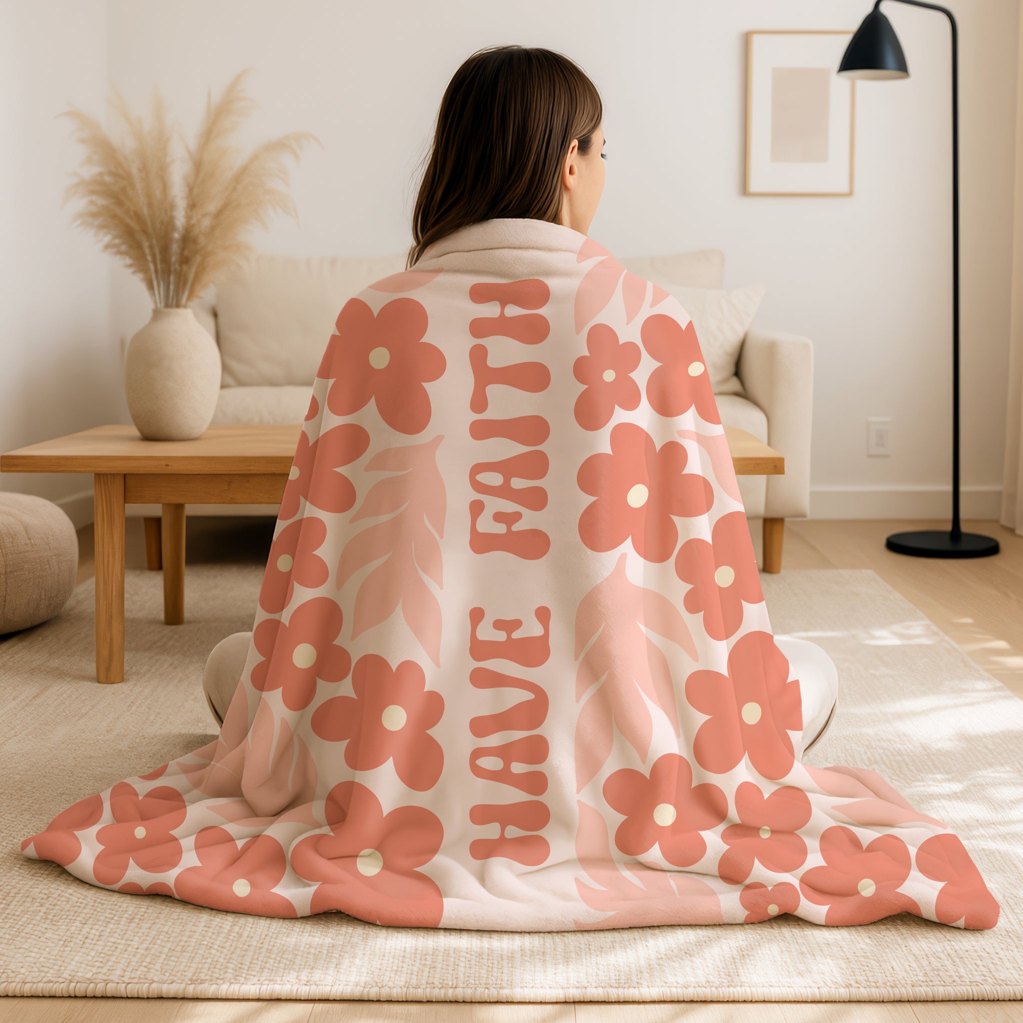 Soft floral blanket with retro typography saying Have Faith, perfect Christian gift