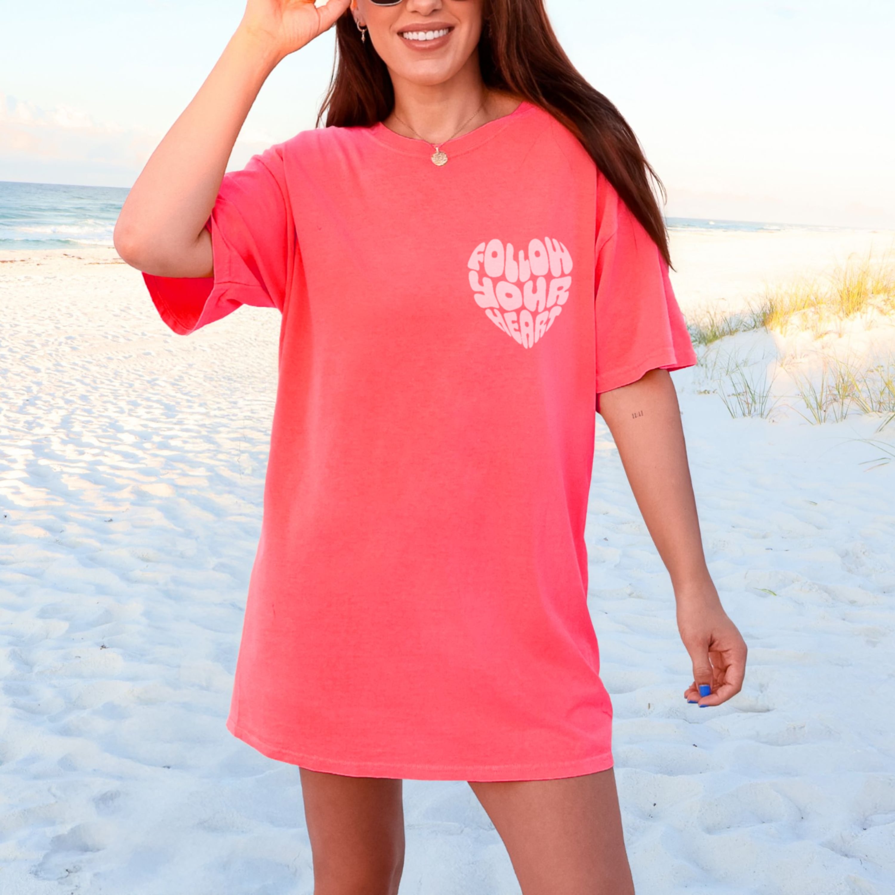 Follow Your Heart motivational shirt in bold watermelon color with light pink lettering, casual inspirational tee for women