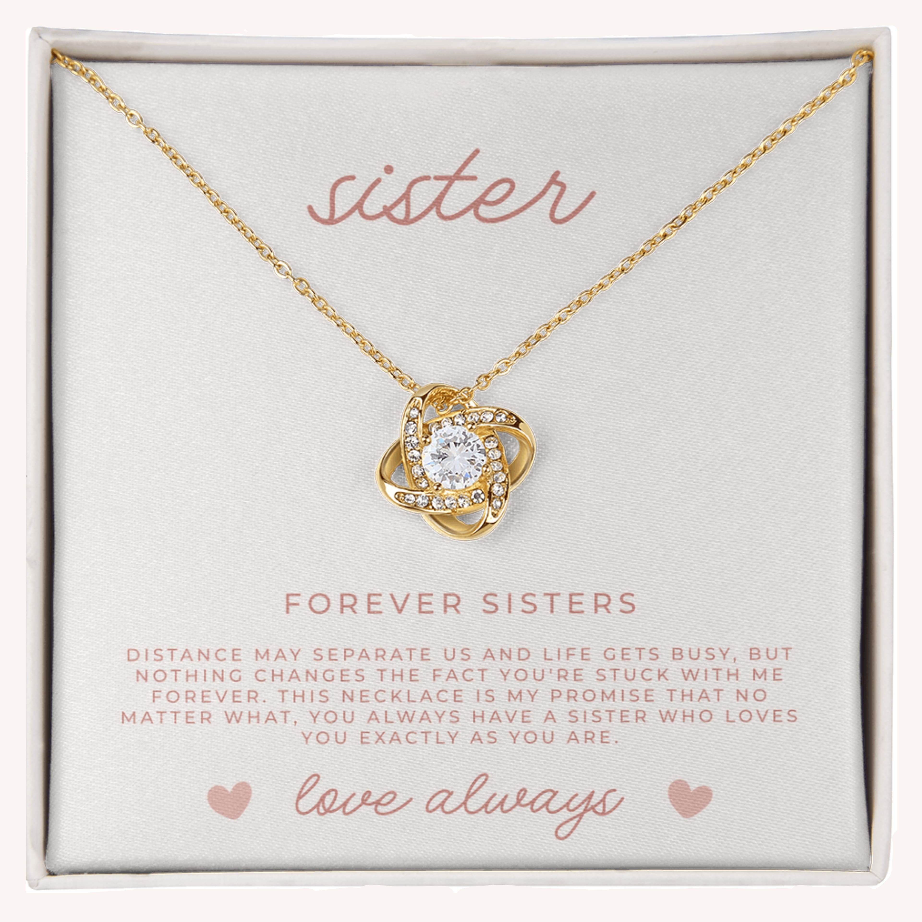 Waterproof gold love knot necklace in gift box with faith-filled “To My Sister” message card, perfect sentimental gift