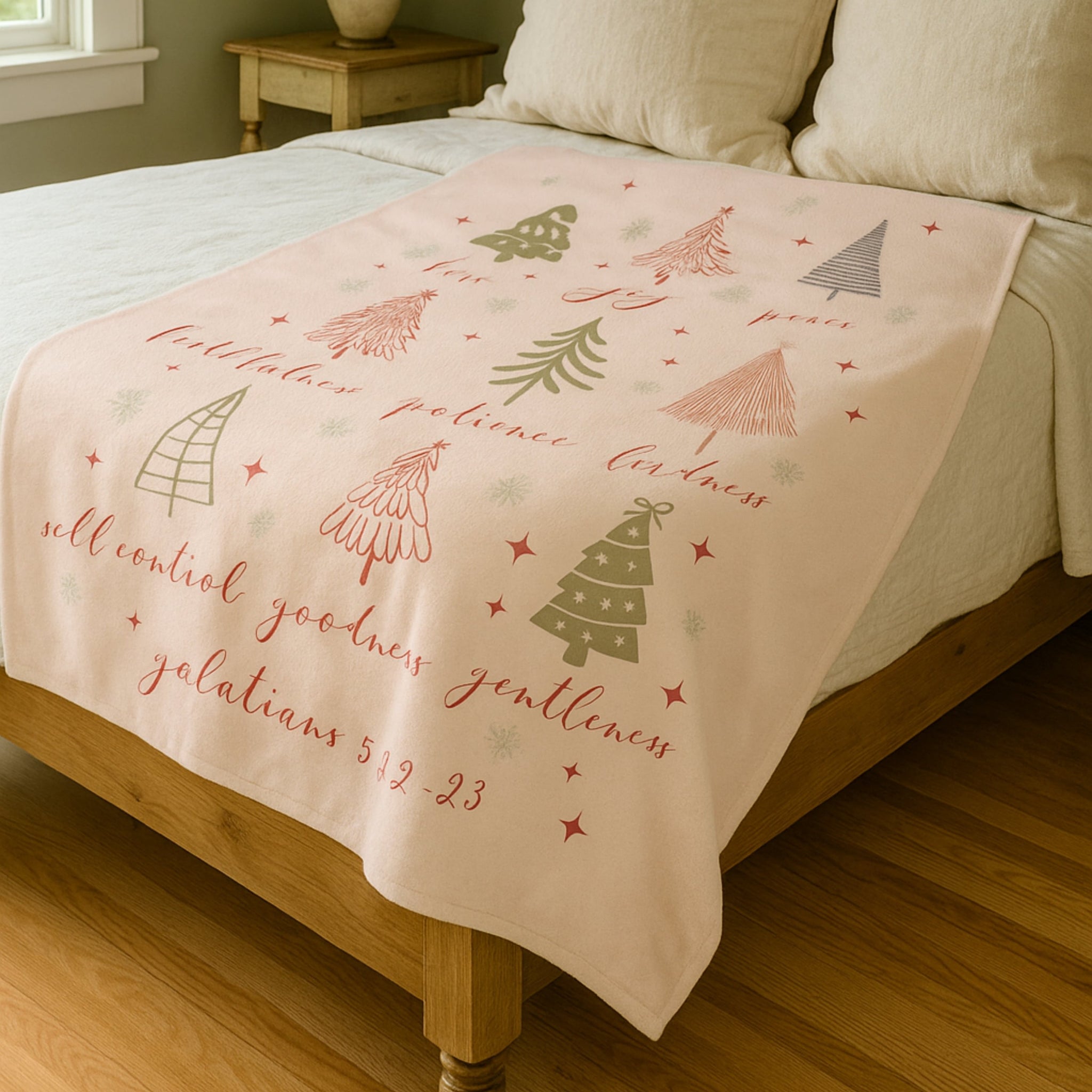 Christian Christmas Gift Blanket – Galatians 5:22-23 Pink Fruit of the Spirit Design