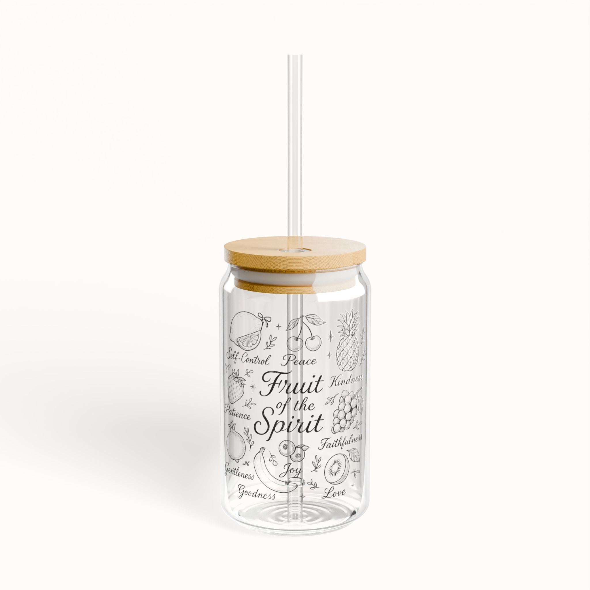 Clear tumbler with bamboo lid and straw featuring cute fruit illustrations and christian design