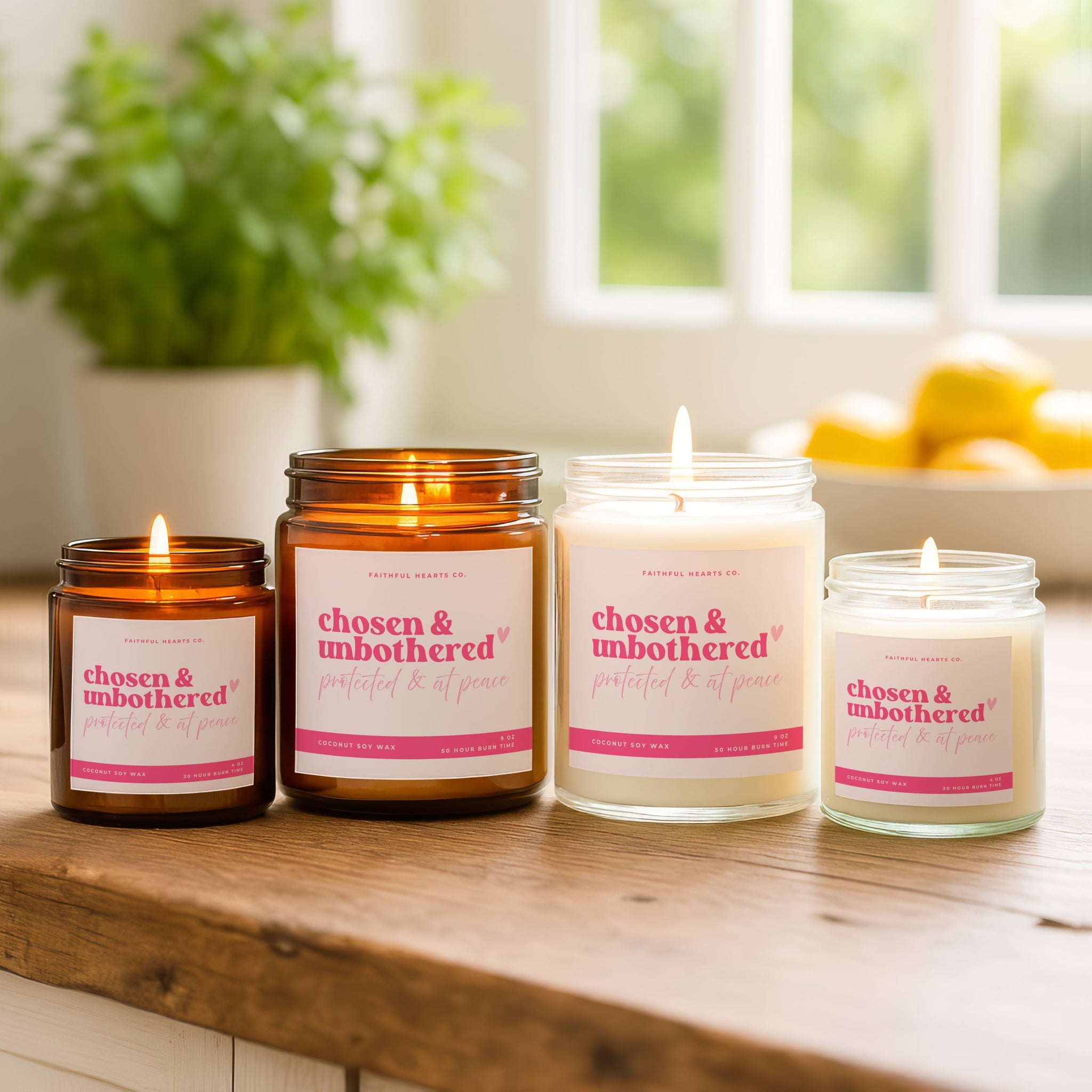Four 'chosen & unbothered' candles by Faithful hearts
