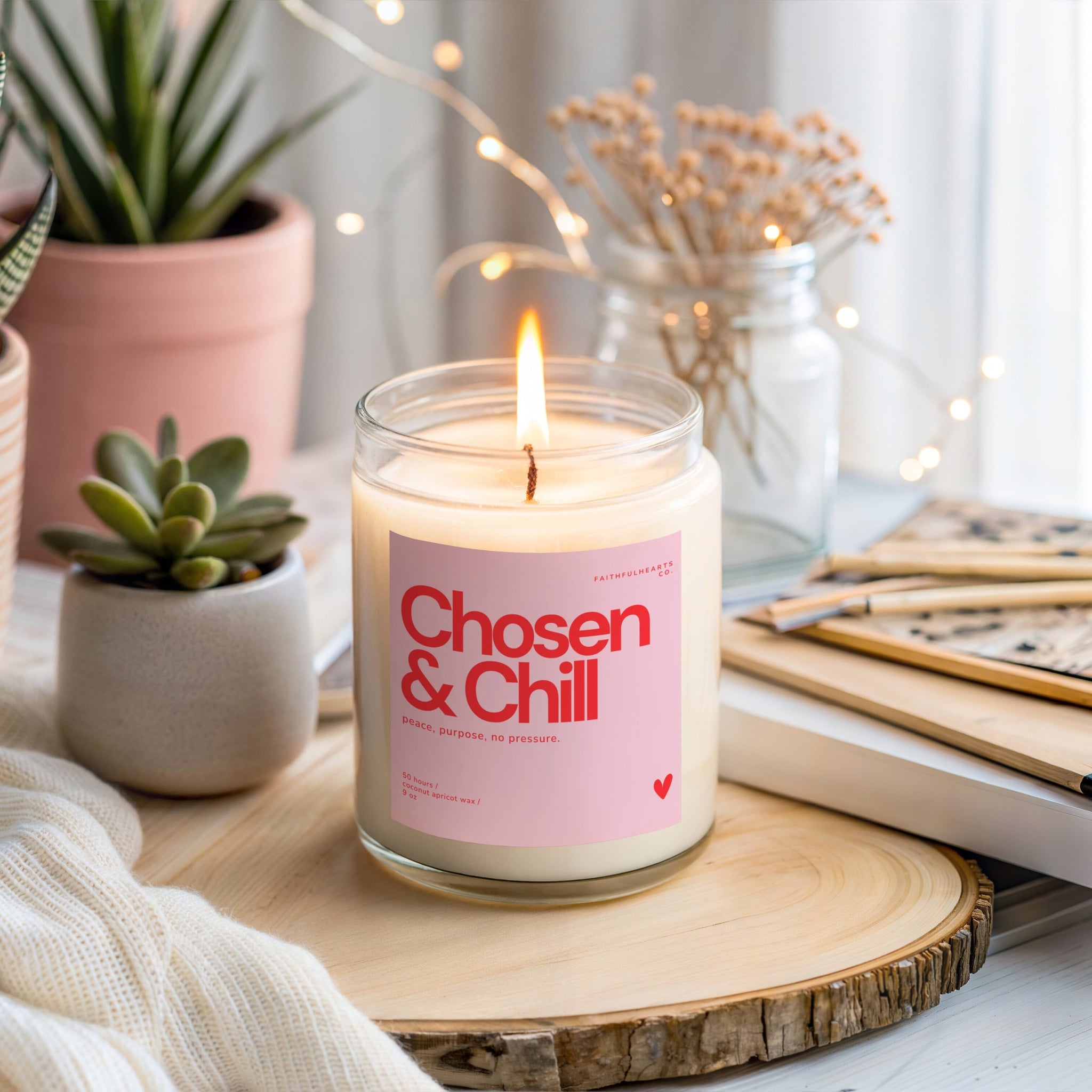 Chosen and Chill soft life candle, amber glass vessel with pink label and red typography, hand-poured premium coconut apricot wax, USA made.