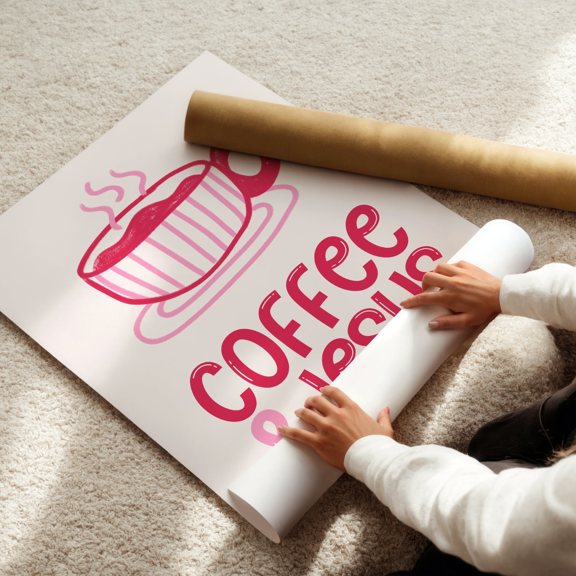 Person unrolling a faith poster with a coffee-themed design on a carpeted floor.