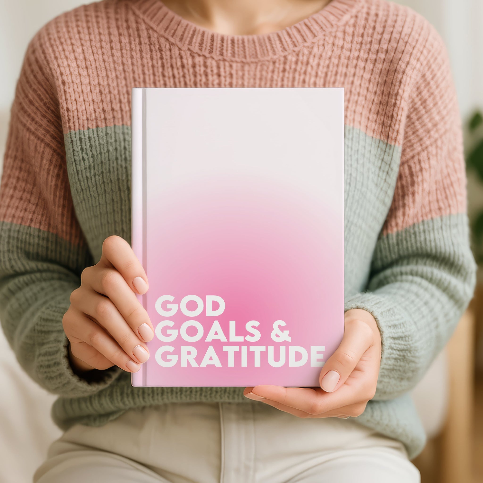 Christian pink hardback journal with “God, Goals & Gratitude” inspirational cover design