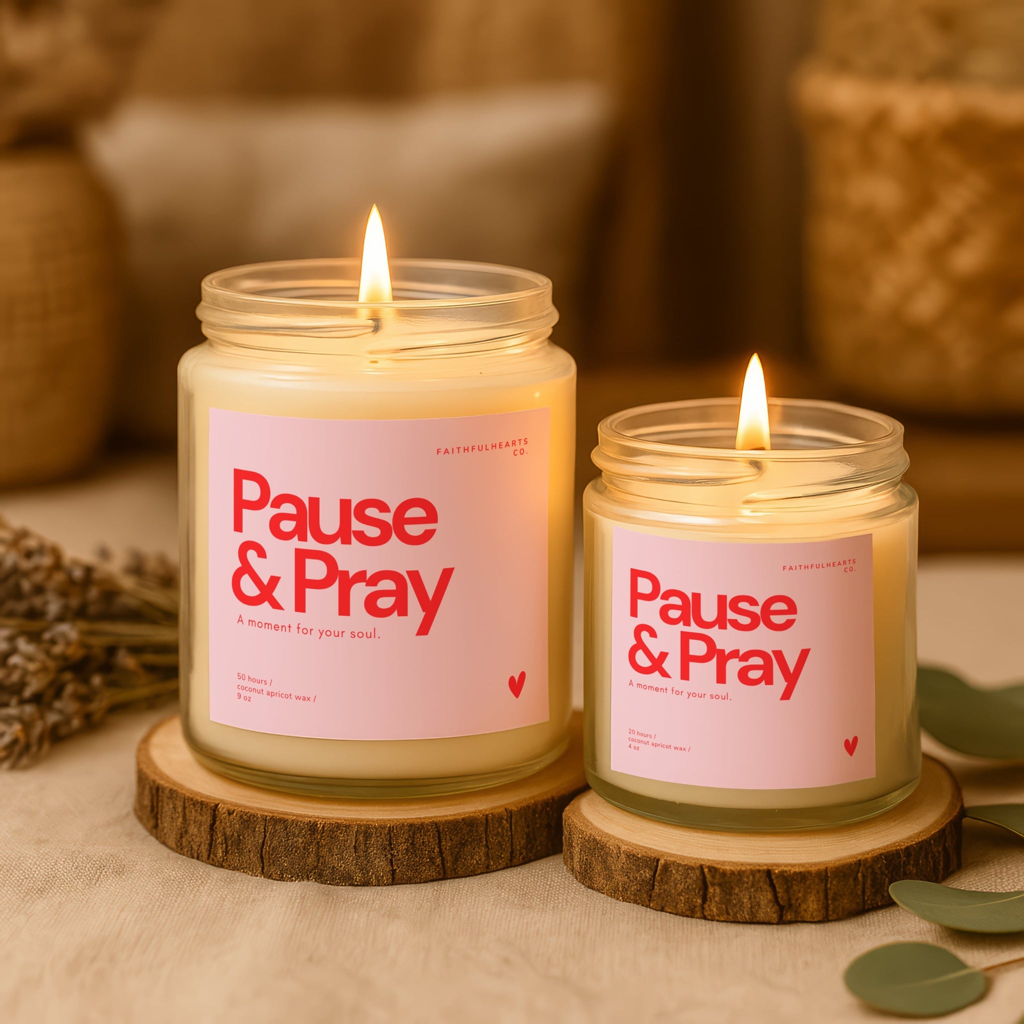 Pause & Pray candle in clear jar with pink label, Christian self care candle gift for women.