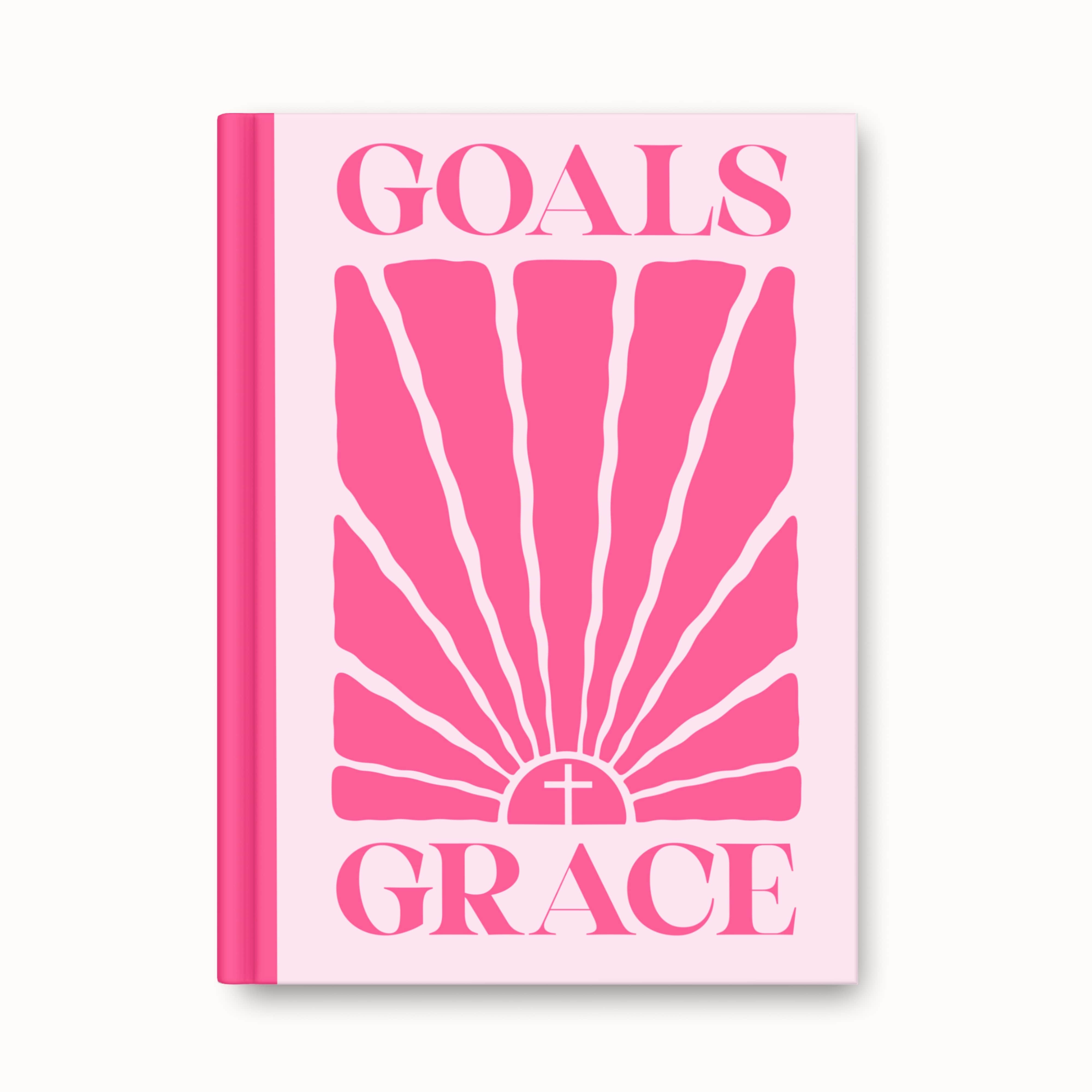 Faithful Hearts blush pink notebook featuring “Goals Grace” design with hot pink sun rays