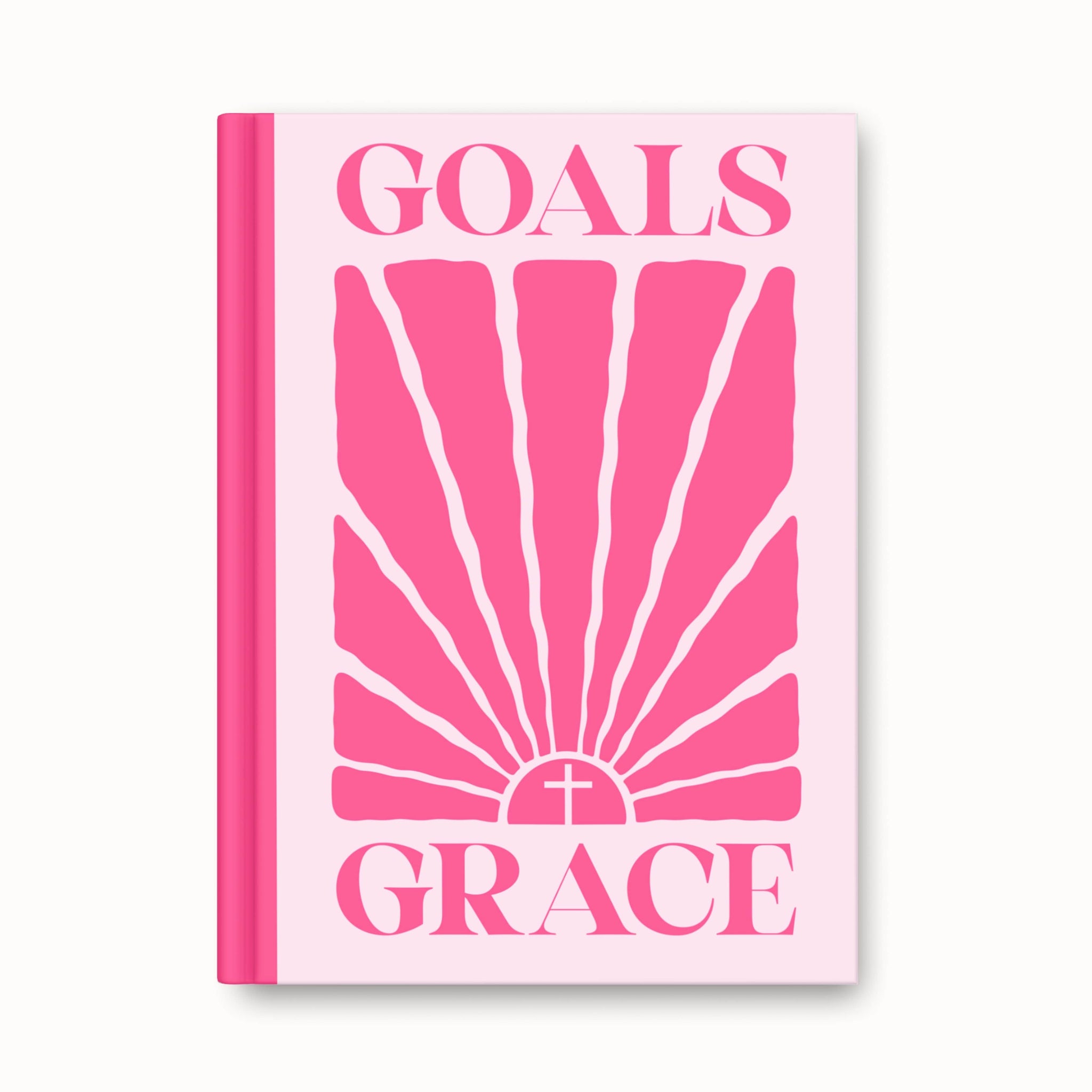 Faithful Hearts blush pink notebook featuring “Goals Grace” design with hot pink sun rays