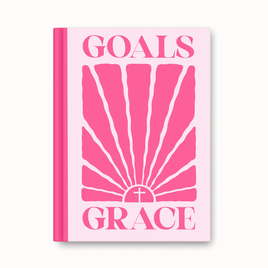 Faithful Hearts blush pink notebook featuring “Goals Grace” design with hot pink sun rays