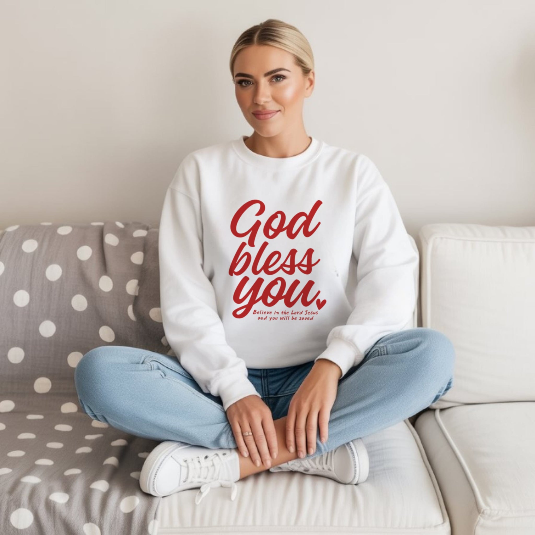 God Bless You in bold red script with believe in the Lord Jesus and you will be saved scripture text