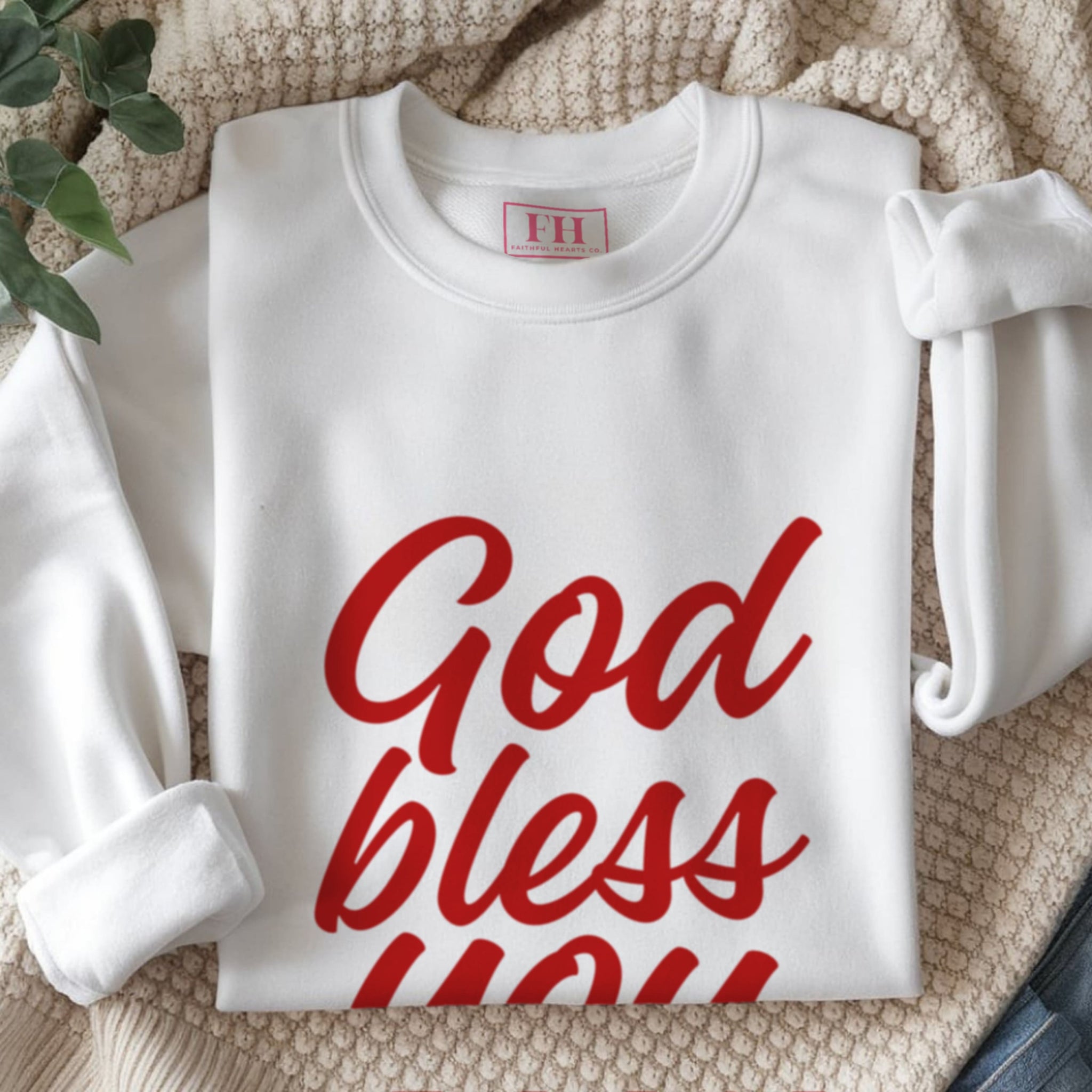 God Bless You crewneck sweatshirt in sand with red Acts 16:31 scripture, women's Christian Bible verse apparel